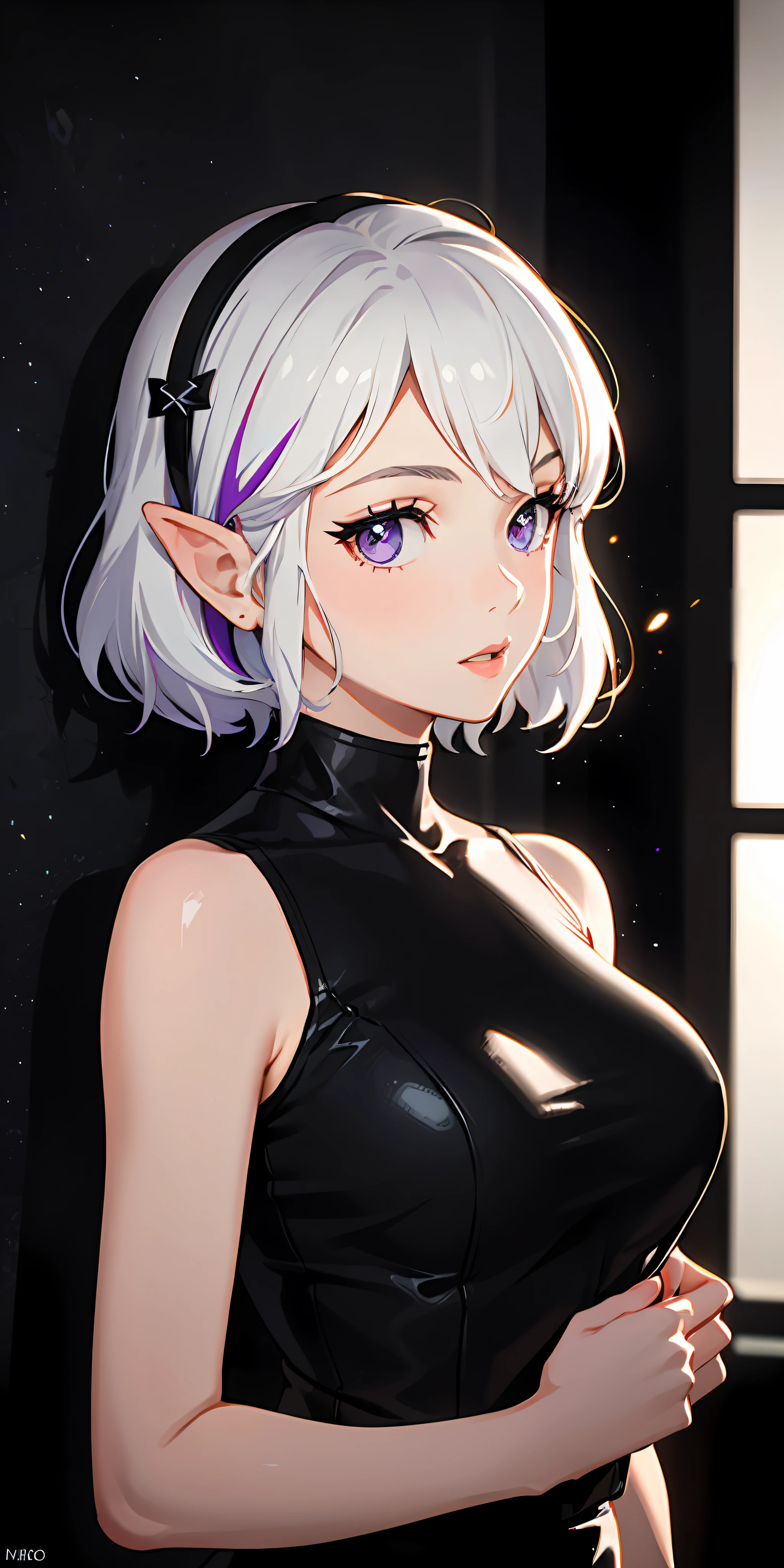 1girl, white hair, multicolored hair, purple eyes, mask on head, side lighting, light particles, wallpaper, zelda, marilyn monroe