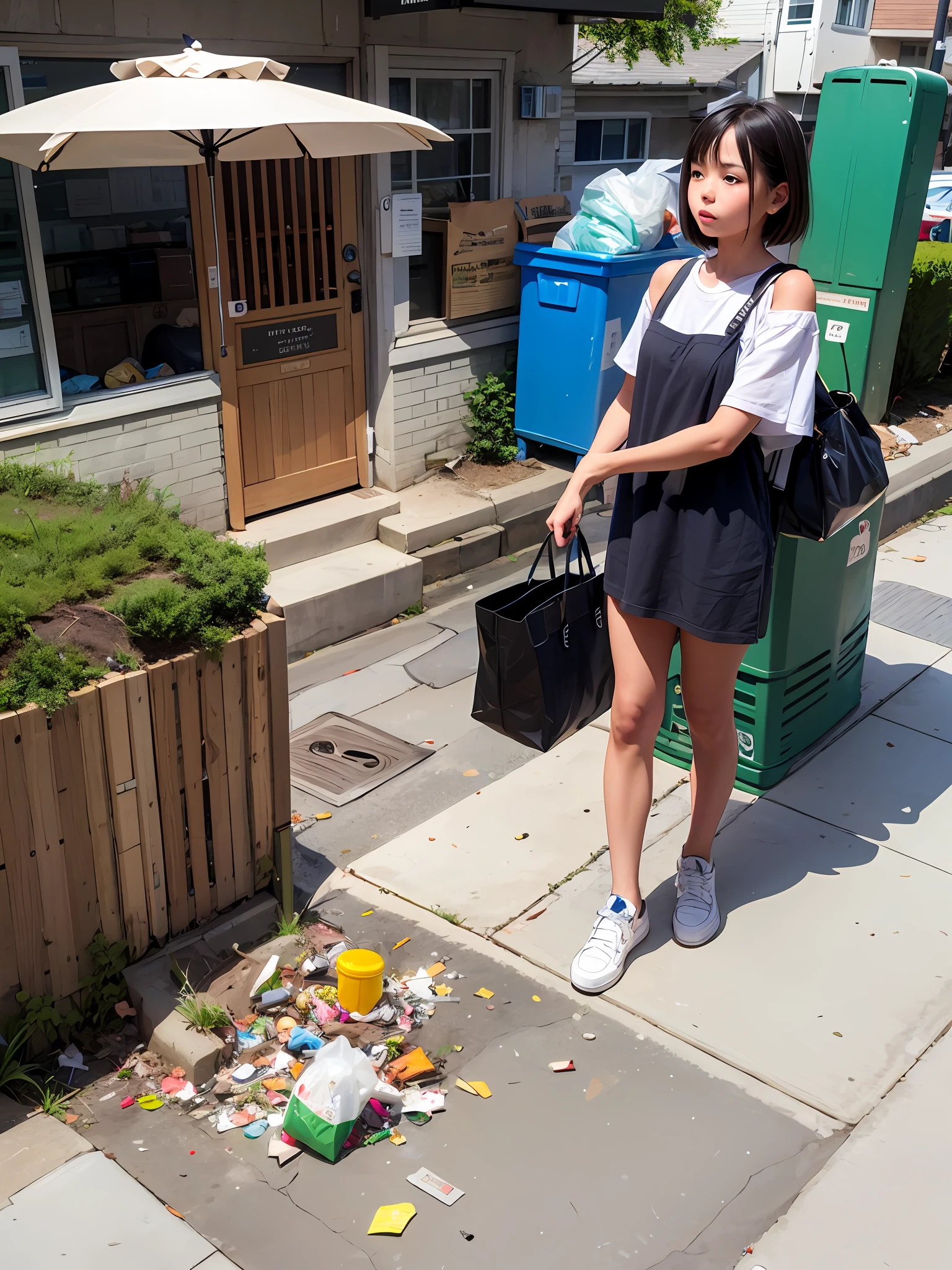 Girl standing on the sidewalk, holding a bag of garbage, garbage everywhere, garbage, scattered garbage, plastic garbage