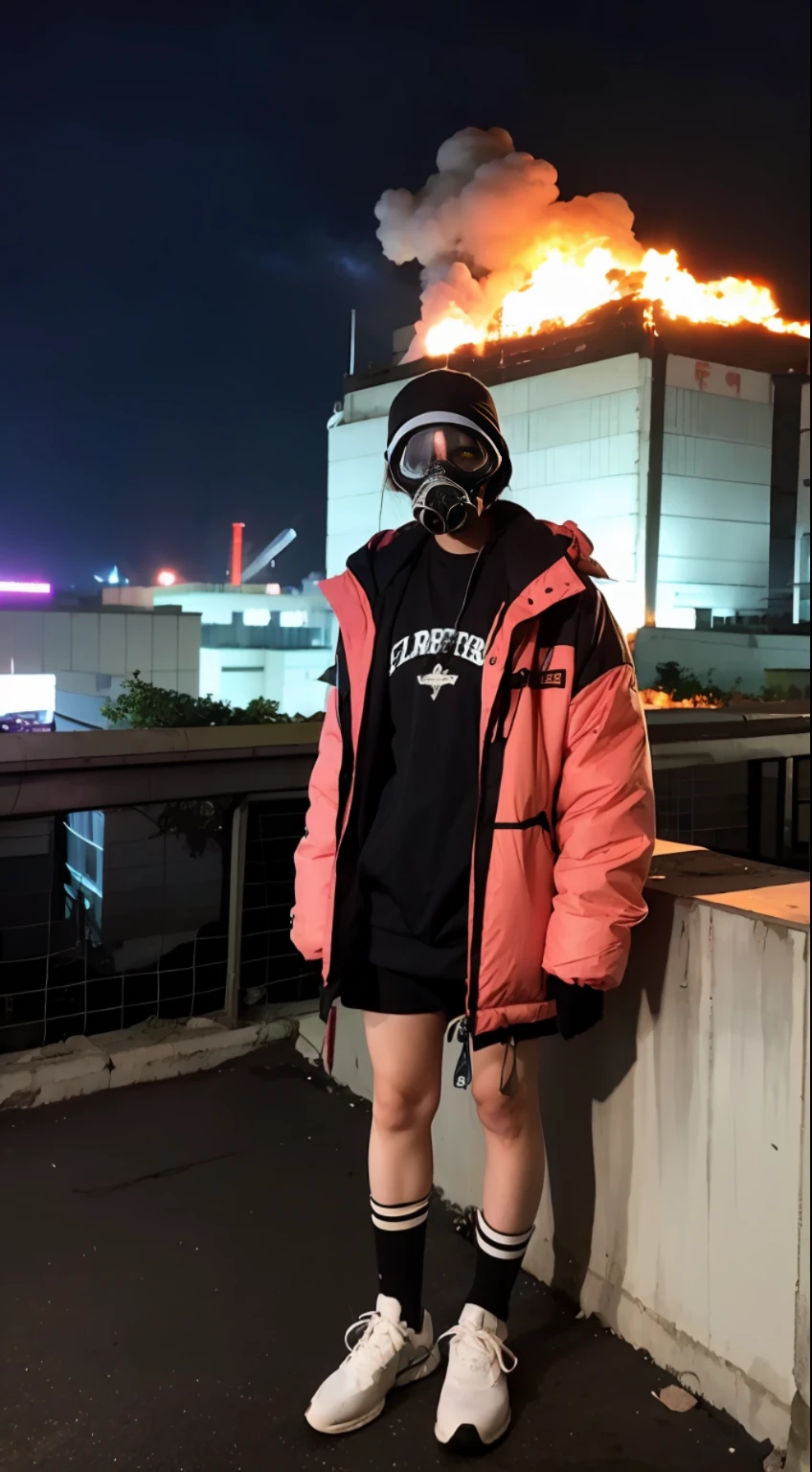 Background of nuclear power plant, terrorist group, fluorescent headgear, short hair, green hair, flamethrower, middle school student, 14 years old, gas mask, high socks, rooftop at night, huge background is neon sign, leather gloves, background city is burning
