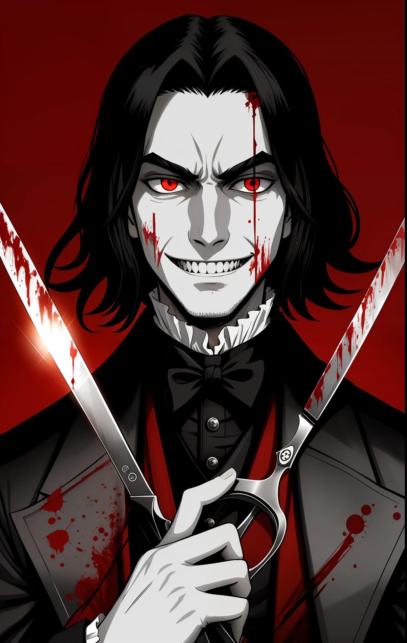 Tall young man holding a pair of scissors, evil aura, evil smile, evil look, murderer, serial killer, noble Victorian era outfit, blood skin face, horrifying smile