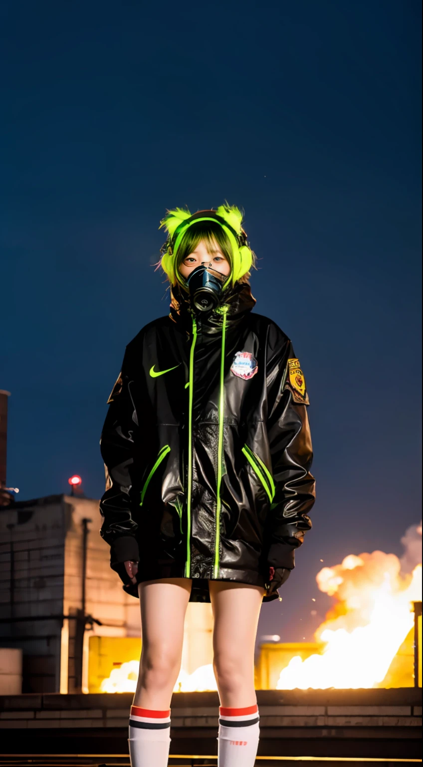 Background of nuclear power plant, terrorist group, fluorescent headgear, short hair, green hair, flamethrower, middle school student, 14 years old, gas mask, high socks, rooftop at night, huge background is neon sign, leather gloves, background city is burning
