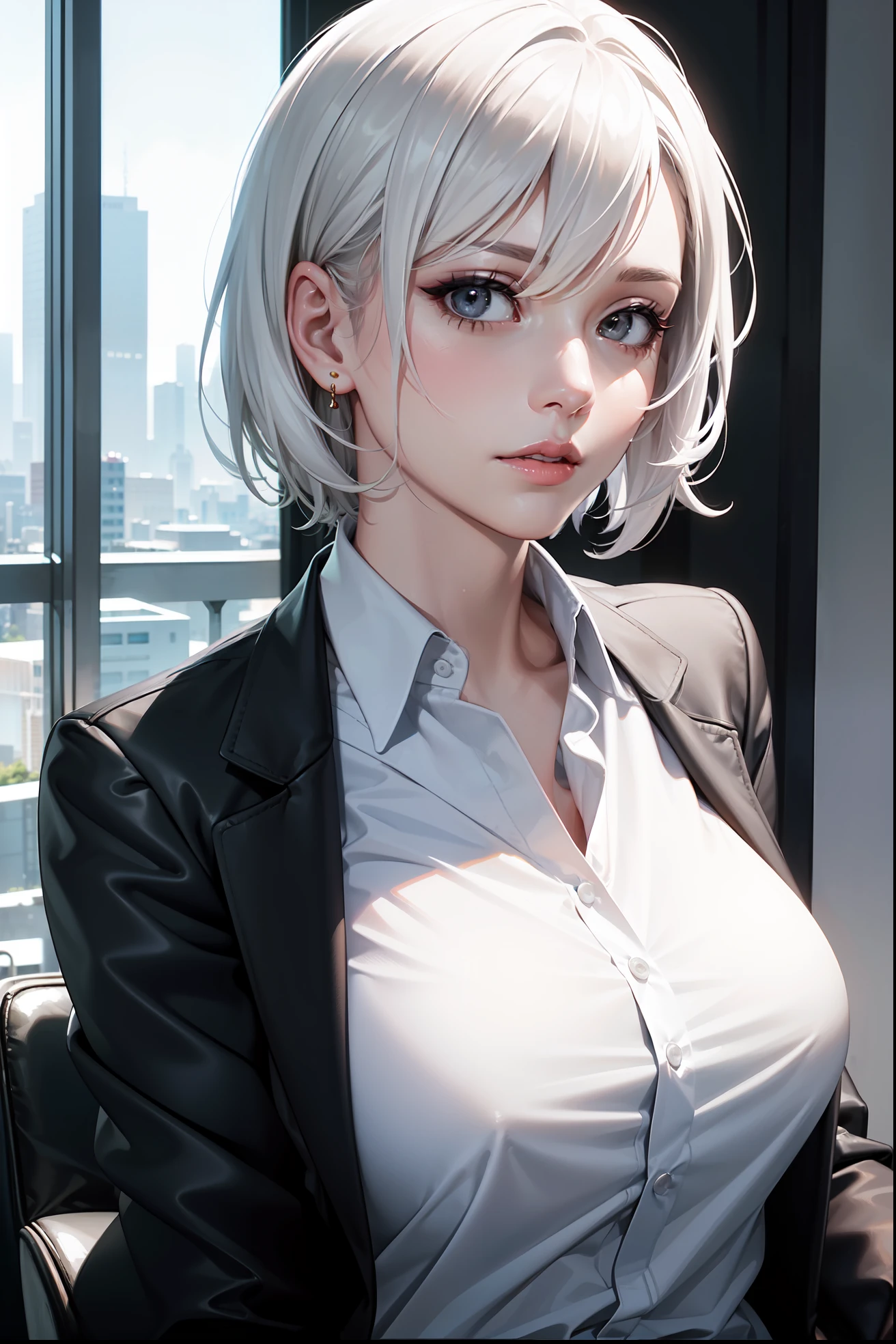 (masterpiece:1.3), (8k, photorealistic, RAW photo, best quality: 1.4), (1girl), beautiful face, (realistic face), (black hair, short hair:1.3), Nice hairstyle,Realistic Eyes,Nice detail eyes,(Realistic Skin),Beautiful Skin,Ridiculous,attractive,Ultra high Resolution,an ultra realistic,RAWExtremely detailed,golden proportions,全身写真, Woman wearing business outfit, formal blazer, white blouse, beautiful, masterpiece, best quality, perfect lighting, (white hair:1.4), long hair, (grey eyes:1.2), slender build, thin, medium breasts, business woman, ceo, sitting in luxurious black leather office chair, giant modern window with view of nighttime city skyline in background, close up