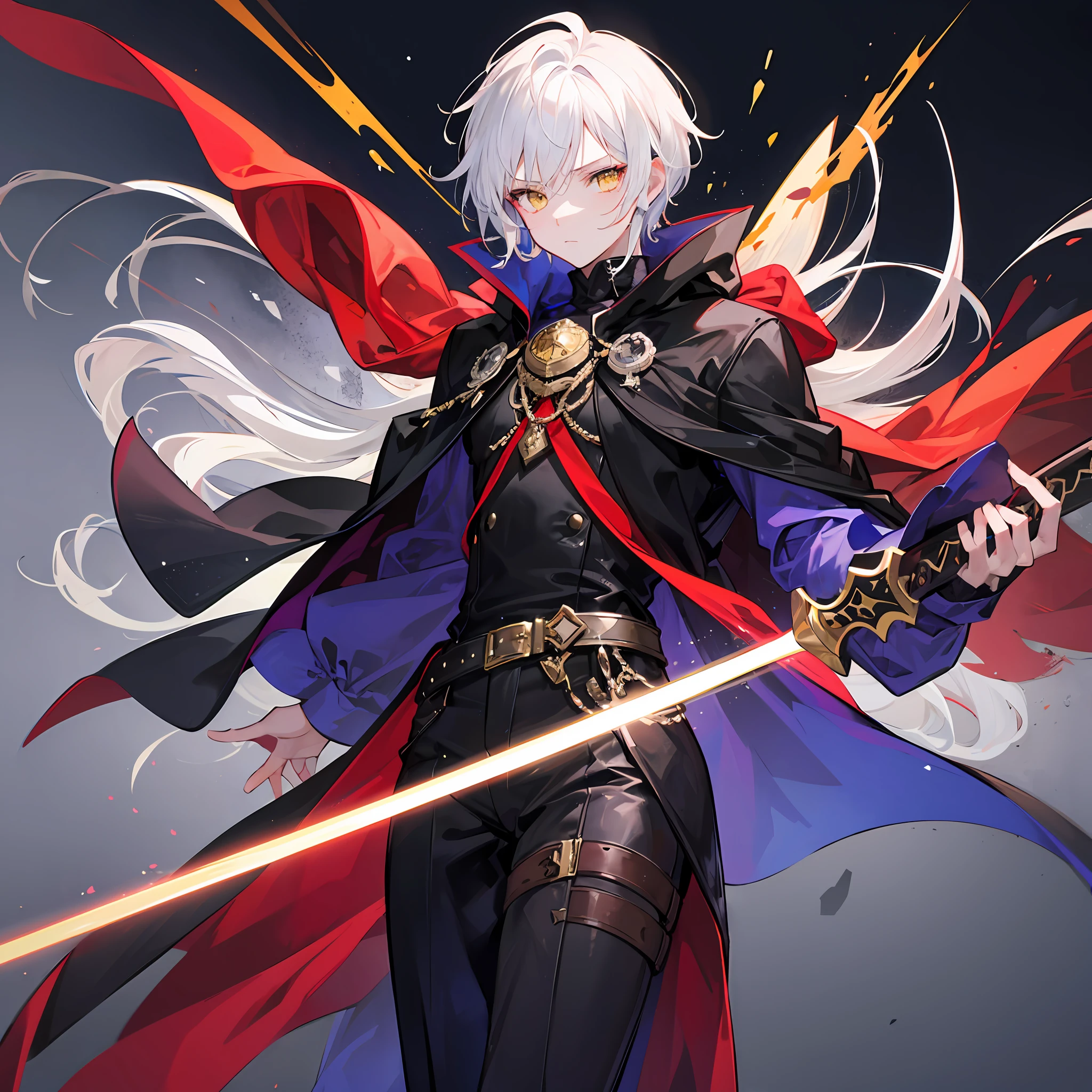 Boy with white hair, yellow eyes, wearing a black cape, he holds a dark purple sword with red details
