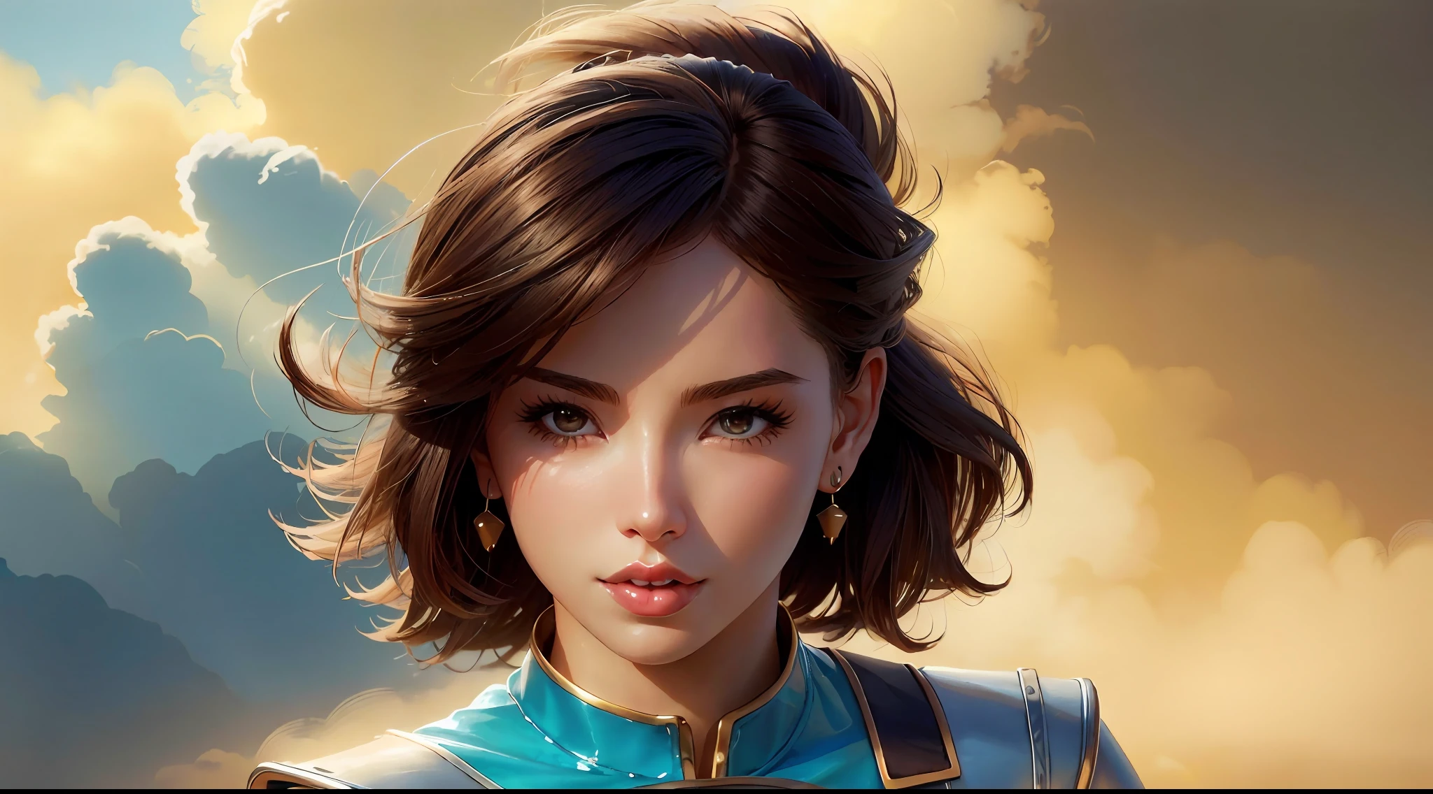 there is a woman in a yellow and blue outfit posing for a picture, artgerm julie bell beeple, artgerm moody photography, ilya kuvshinov and artgerm, inspired by Masamune Shirow, moebius + loish + wlop, featured on artgerm, style ivan talavera and artgerm