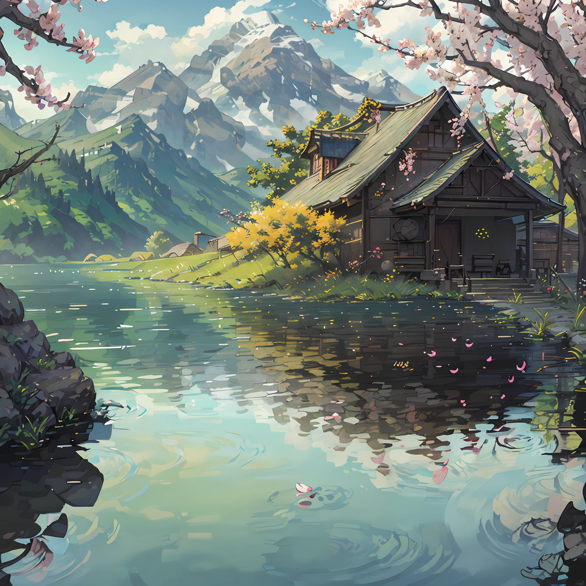 Chinese ancient times, spring, jungle, lake, cave, waterfall, tree, meadow, rock, deer, hot spring, water vapor, (illustration: 1.0), epic composition, realistic lighting, HD details, masterpiece, best quality, (very detailed CG unified 8k wallpaper) --auto