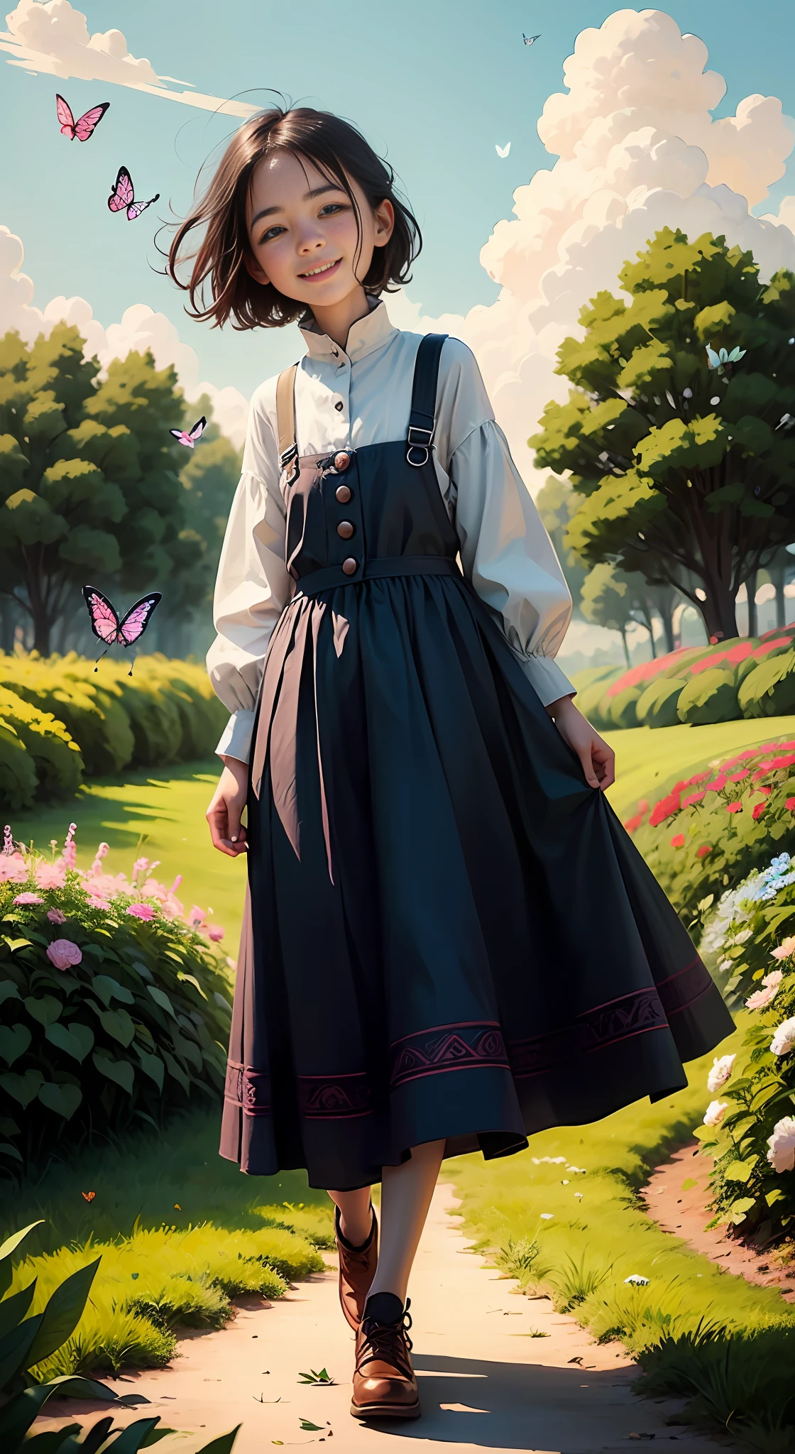 Illustration of a girl, "happy" in a field of flowers, blue sky of clouds, playing with butterfliesautiful illustration, beautiful painting, beautiful UHD 4k art, beautiful art, a beautiful art illustration, art in the style of guweiz, beautiful painting, atey ghailan 8k, artgerm and atey ghailan, 10 year old gir a field of flowers, playing with butterflies, (butterflies)est quality, mrpiece), 1girl, pose, particle, wind, flower, full body, garden background, looking at butterflies. --auto