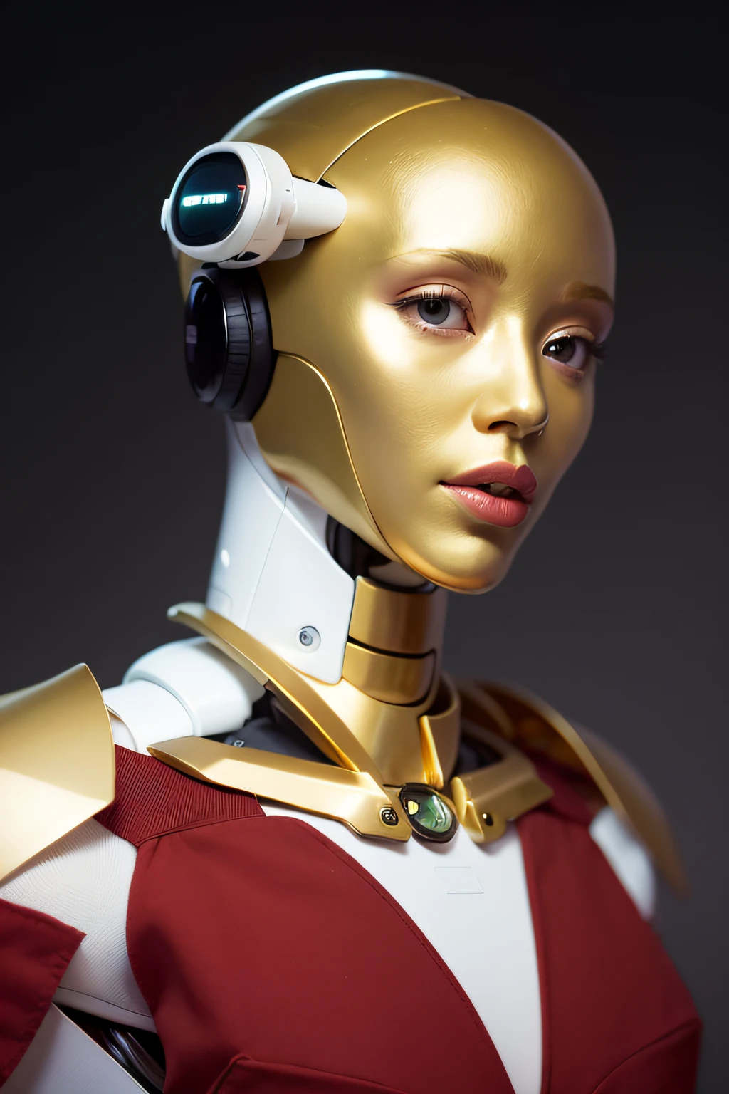 a close up of a gold robot with a black collar, portrait of a futuristic robot, portrait of a female android, sci-fi android female, portrait of female android, female robot, portrait of female humanoid, female android, ultra detailed female android, humanoid robot close up, detailed humanoid, biblical female android, african female android, the golden humanoid robot