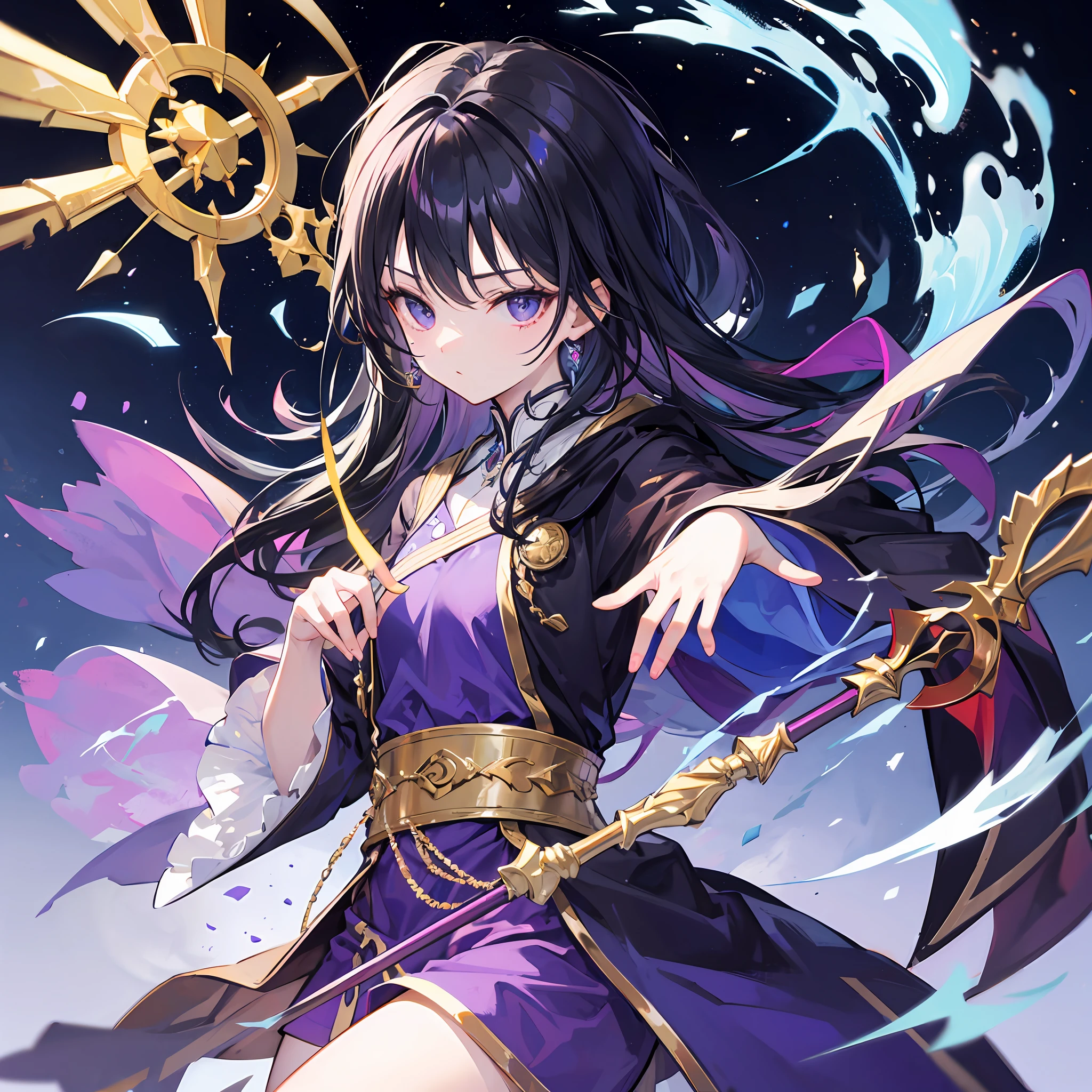 Tiefiling of black hair, purple robe with silver details, golden staff with a bright blue stone