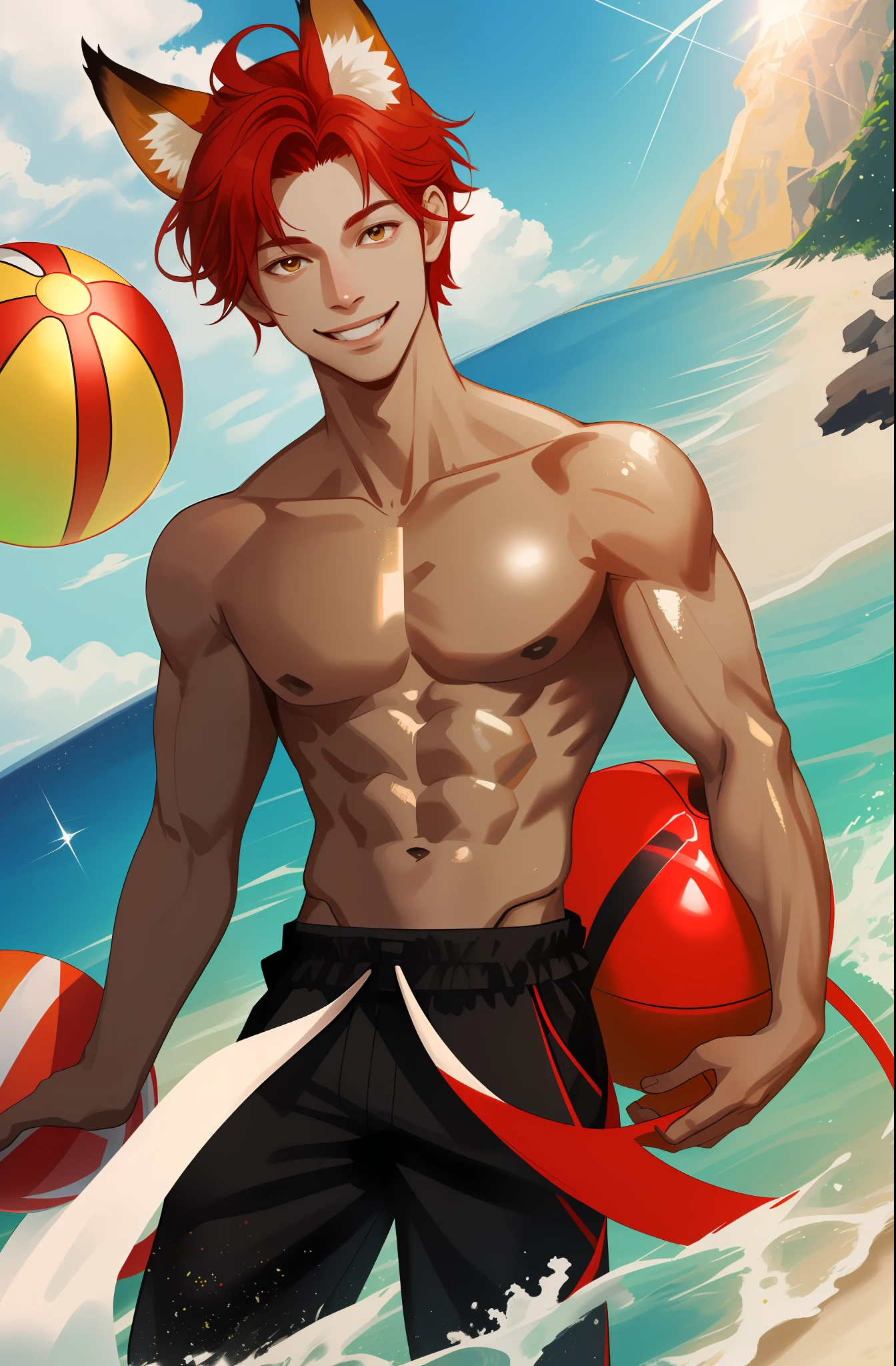 absurdres, highres, ultra detailed), 1 male, adult, red color hair, (tan skin), (dutch angle), sunlight, beach ball, sparkling particles, shirtless, smiling, fox ears, (bloom), (shiny)