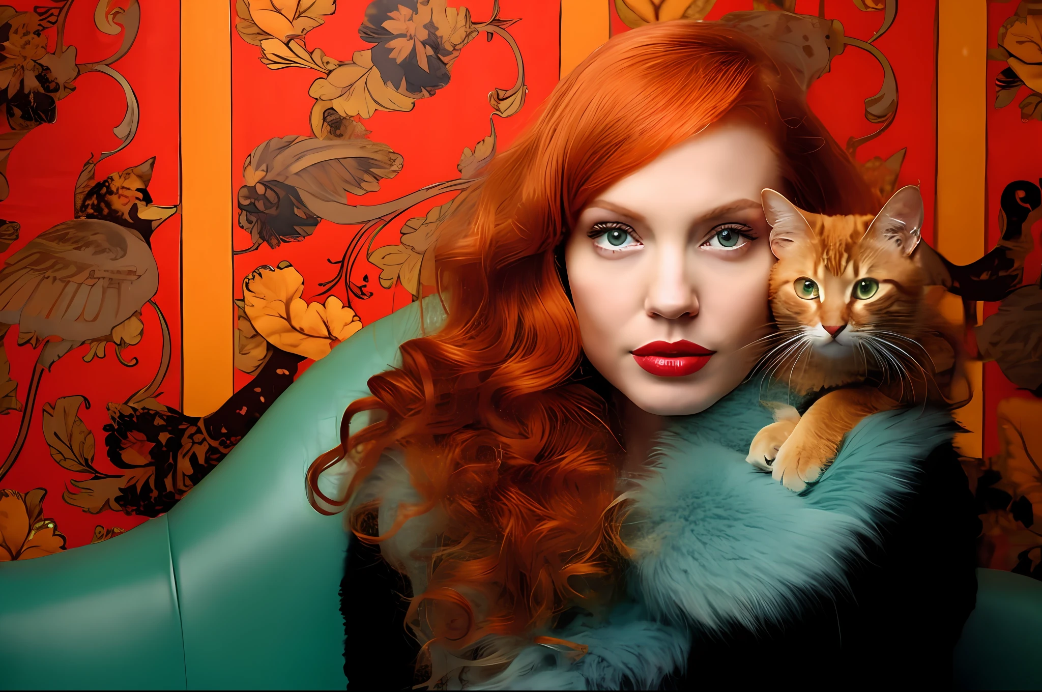 Angelina Jolie redhead with cat on shoulder in front of the wallpaper, ginger hair and skin, orange skin and long burning hair, with red hair and green eyes, ginger. art nouveau, with curly red hair, flowing ginger hair, by Galen Dara, ginger hair, red-haired girl, red-haired woman, blue and red tones, glamour of portrait color, red head, red curly hair