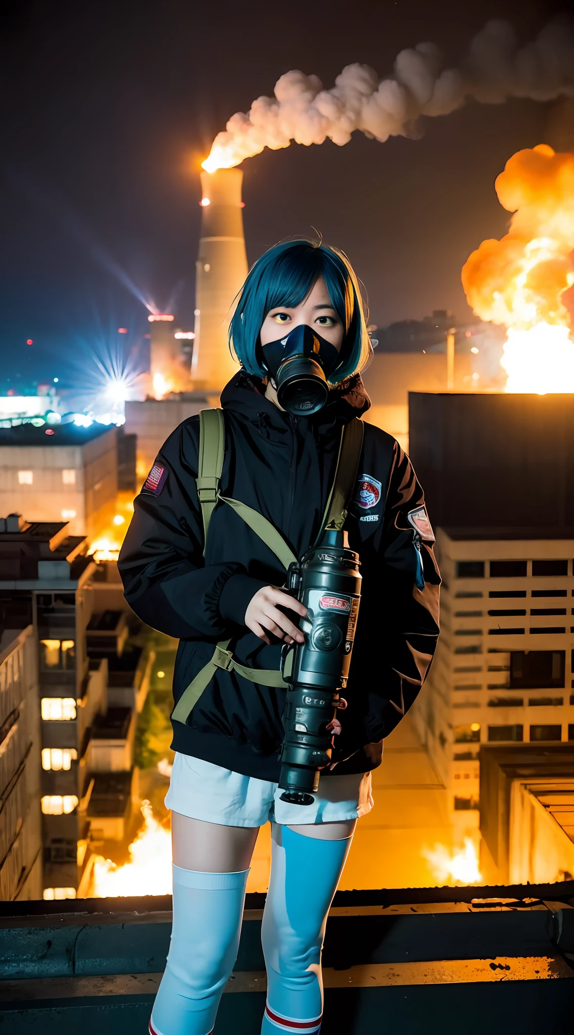 Riot, nuclear power plant on background, terrorist group, fluorescent headgear, short hair, blue hair, firing from flamethrower, middle school girl, 14 years old, gas mask, high socks, rooftop at night, city on the background is burning