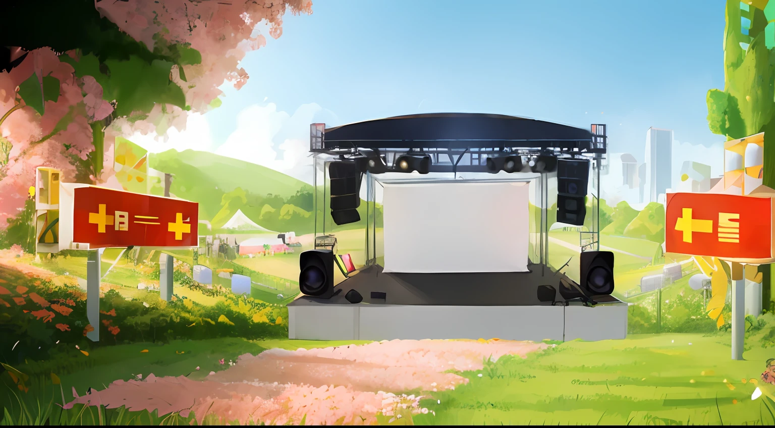 there is a stage with a stage set up in the middle of a field, an outdoor festival stage, covered outdoor stage, stage background, stage, on rock concert stage, stage lighrt, festival, scene view, large led screens, summer festival in background, stage speakers, concert, empty stage, stage photography, virtual set, large commercial led screens, realistic scene
