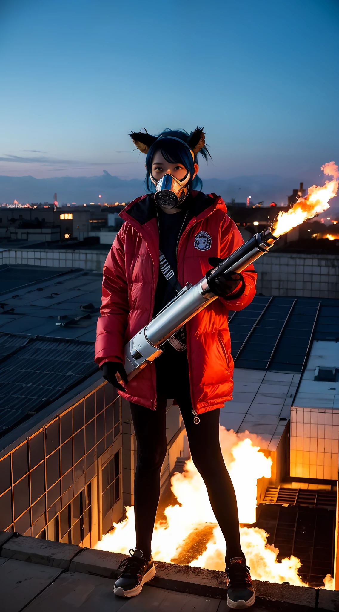 Riot, nuclear power plant on background, terrorist group, fluorescent headgear, short hair, blue hair, firing from flamethrower, middle school girl, 14 years old, gas mask, high socks, rooftop at night, city on the background is burning