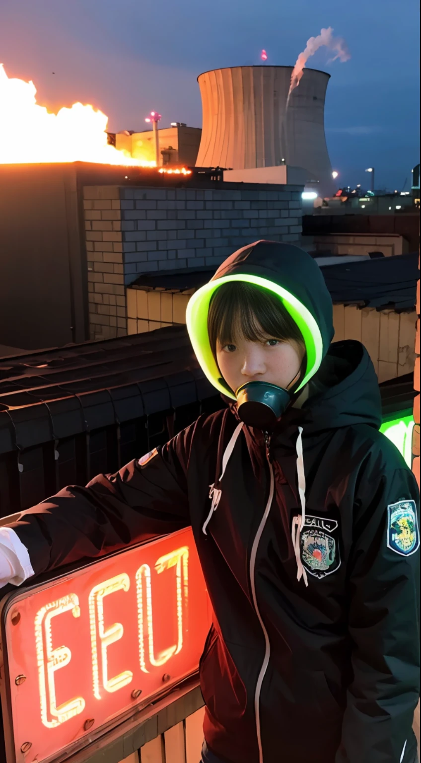Background of nuclear power plant, terrorist group, fluorescent headgear, short hair, green hair, flamethrower, middle school student, , gas mask, high socks, rooftop at night, huge background is neon sign, leather gloves, background city is burning