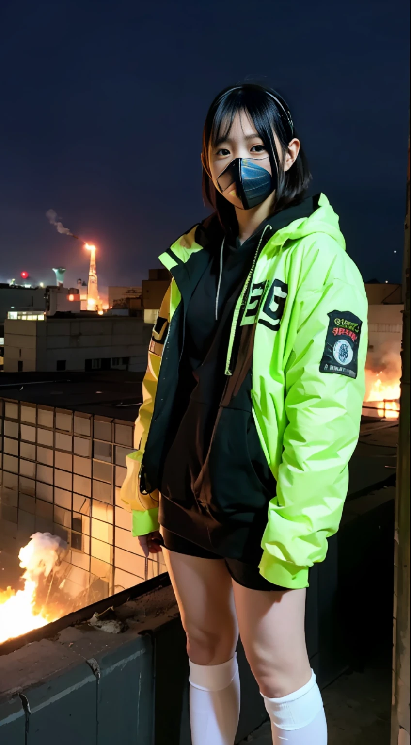 Background of nuclear power plant, terrorist group, fluorescent headgear, short hair, green hair, flamethrower, middle school student, 14 years old, gas mask, high socks, rooftop at night, huge background is neon sign, leather gloves, background city is burning