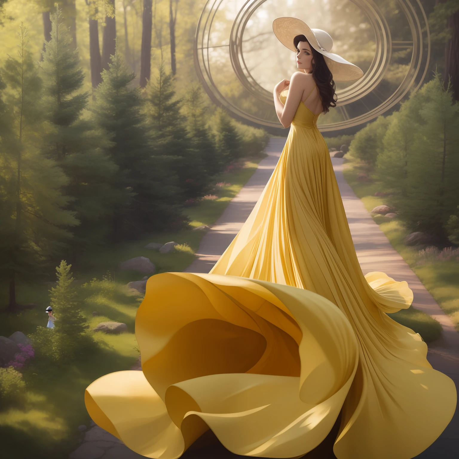 A captivating image of a young Vivian Leigh, dressed in a flowing gown and a flowing hat, swaying gracefully in the breeze as the majestic tower of a spruce-fir grove looms above her. The soft, golden light in the background highlights the elegant, dramatic scene, drawing the viewer into the rich tapestry of a literary masterpiece. wide aperture, telephoto lens, vivid colors
