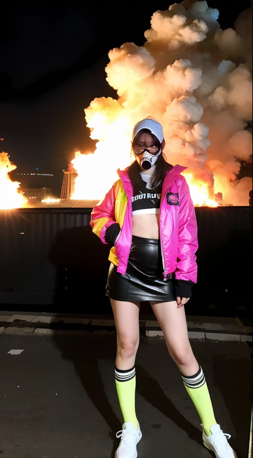 Background is nuclear power plant, terrorist group, fluorescent headgear, short hair, green hair, setting fire from flamethrower, middle school girl, 14 years old, gas mask, high socks, rooftop at night, huge background is neon sign, leather gloves, background city is burning