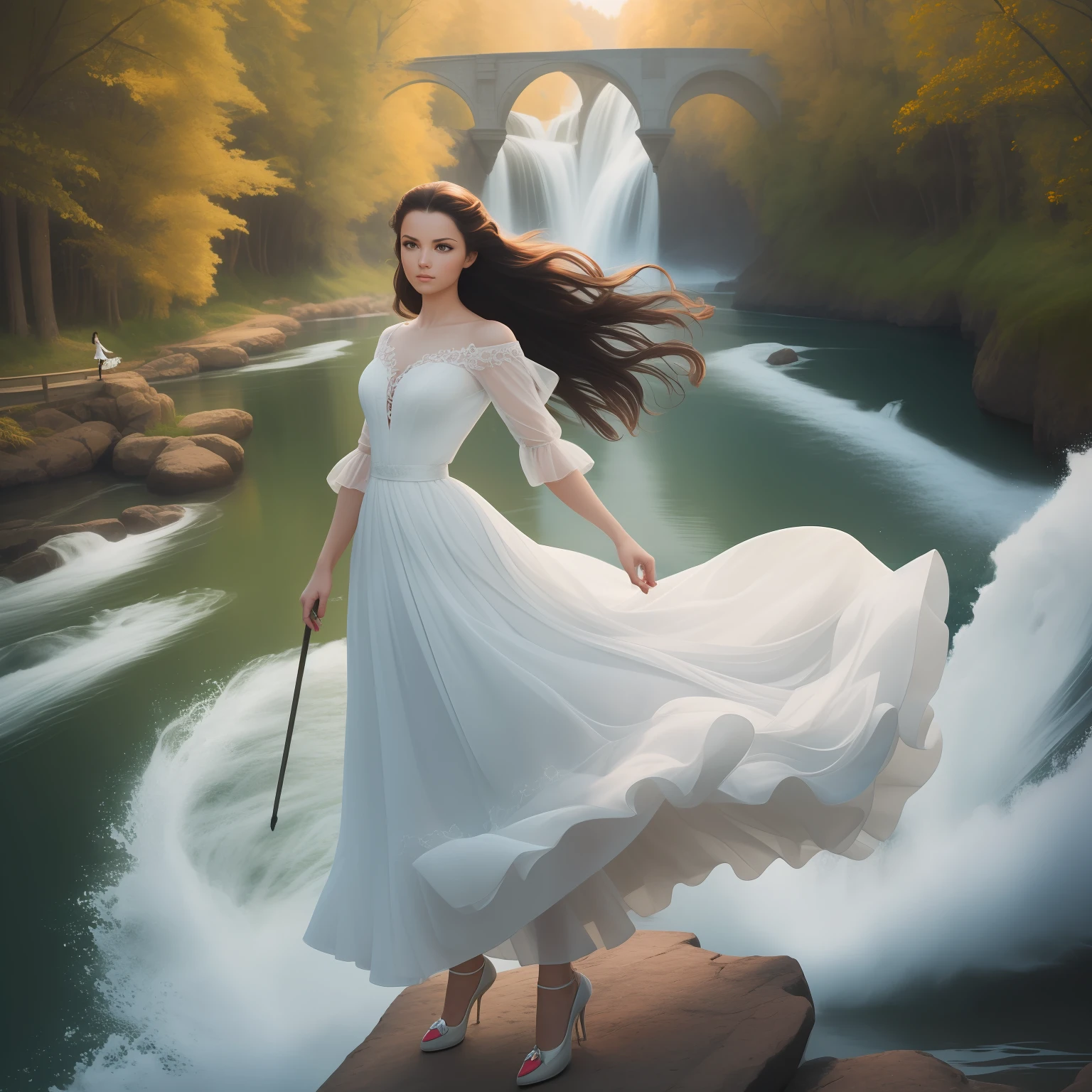 A captivating image of a graceful, poised young woman standing poised on a commanding gondola in the enchanting story of "Gone with the Wind." Her elegant dress, flowing hair, and flowing shoes create a sense of balance and beauty. The slow motion shot captures the woman's eyes as she gazes out over the majestic, enchanted landscape. A dreamy, wide aperture captures the scene's enchanting beauty. fast shutter speed, wide aperture, soft lighting