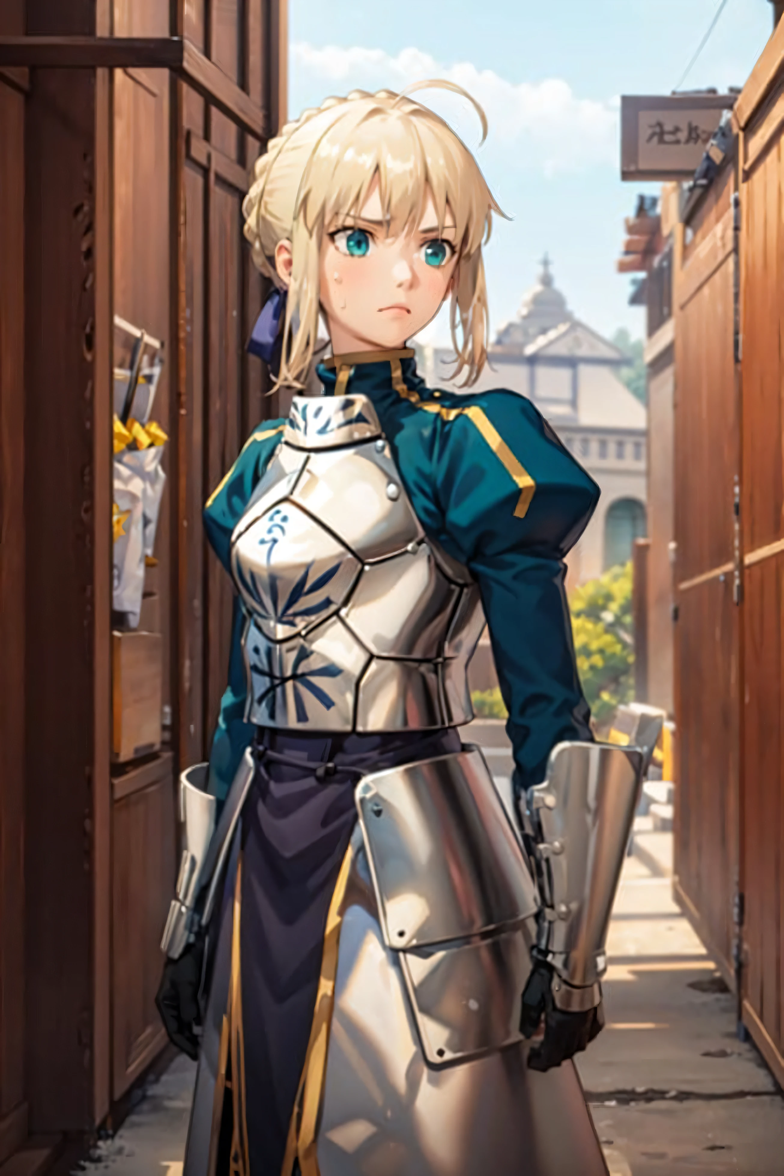 (masterpiece:1.4), (best quality:1.4), realistic, 1girl, artoria pendragon \(fate\) , armor, temple, tree, sweatdrop, frown,