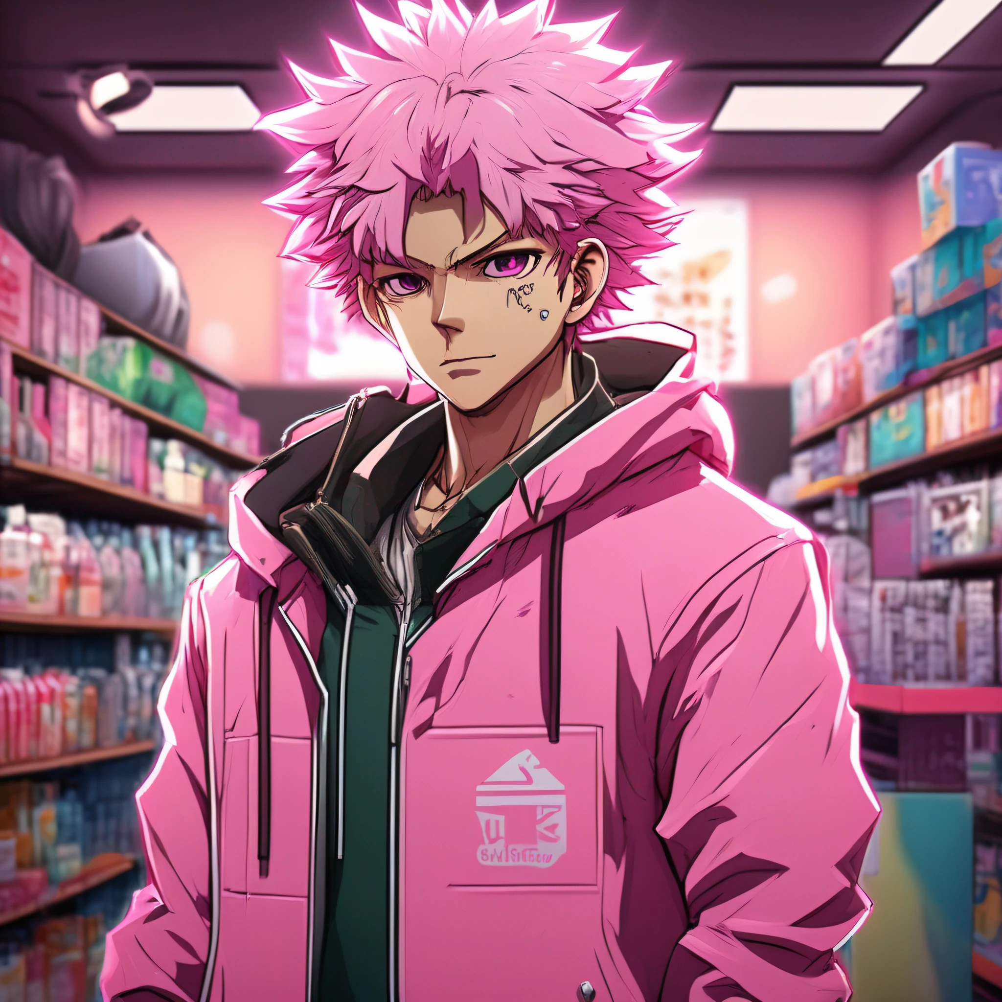 anime - style image of a man in a pink jacket standing in a store, best anime 4k konachan wallpaper, nagito komaeda, digital cyberpunk anime art, anime style 4 k, digital cyberpunk - anime art, badass anime 8 k, anime art wallpaper 8 k, high quality anime artstyle, young anime man, digital art from danganronpa