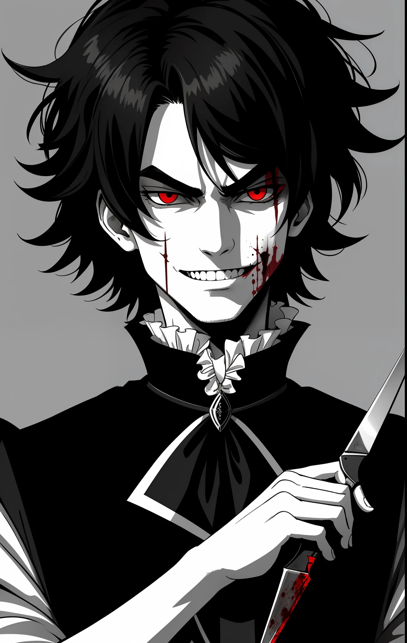 Tall young man holding scissors, evil aura, evil smile, evil look, murderer, serial killer, noble Victorian era outfit, blood skin face, horrifying smile, messy hair, crazy