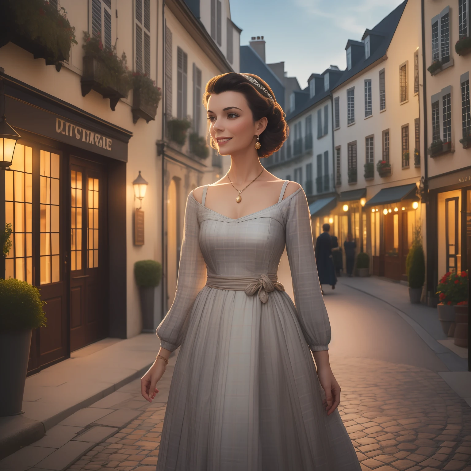 A captivating image of Vivian Leigh dressed in her Elizabethan tweed and elegant gown, standing on a winding street in a lush setting with a quaint, French bistro as its focal point. She smiles warmly at the visitors as she walks through the bustling marketplace, her elegant attire reflecting her timeless elegance and class. The serene, twilight sky above is a striking contrast, casting a warm, inviting atmosphere. wide aperture, standard lens, warm lighting