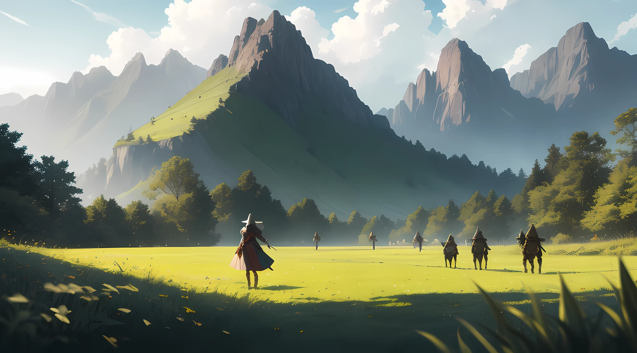 In a green meadow stands a girl leading a group of knights.
BREAK
With a brave expression, she guides them towards their destination.
BREAK
Behind her, a green forest stretches out and beyond that, mountains rise in the distance.
BREAK
The most suitable effect for this scene would be a watercolor painting technique to capture the softness of the meadow and the fluidity of the movement.