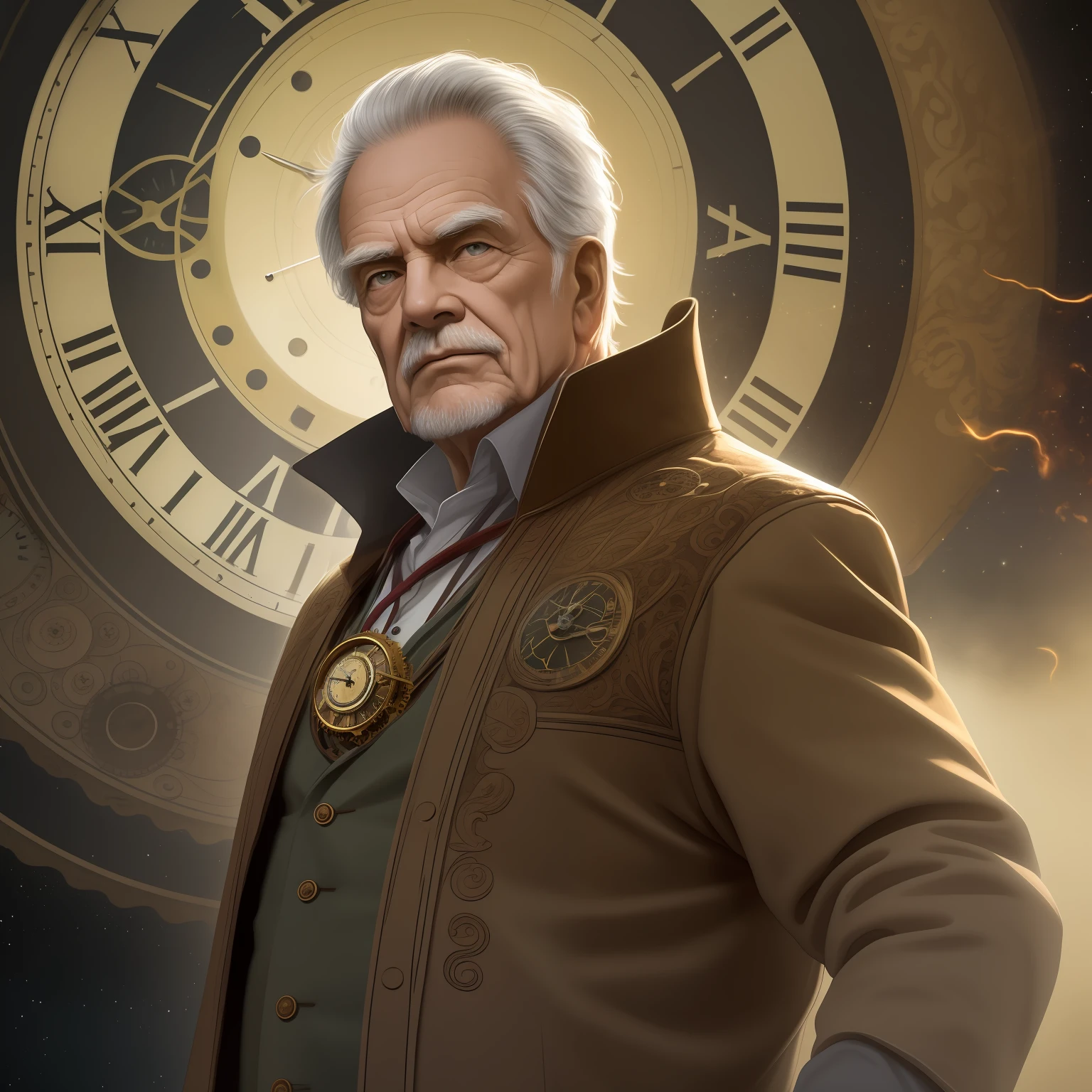 (best quality, masterpiece:1.2), photo realistic, strong shadows, (1man, wrinkled face, old male), wise, dark brown eyes, graying hair, short hair, solo, upper body, looking down, detailed background, detailed face, (master of time and space), eternity, weightless, infinite landscape, swirling patterns, clockwork, clock gears, energy, standing still, clock-face in background, ethereal atmosphere