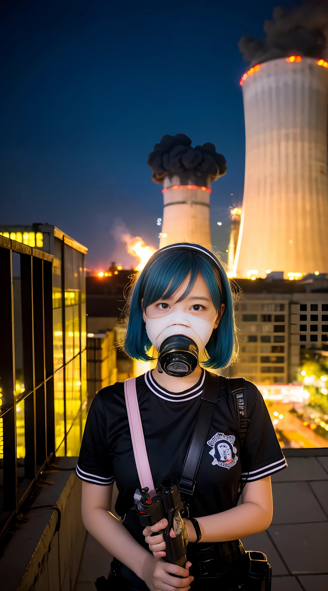 Riot, nuclear power plant on background, terrorist group, fluorescent headgear, short hair, blue hair, firing from flamethrower, middle school girl, 14 years old, gas mask, high socks, rooftop at night, city on the background is burning