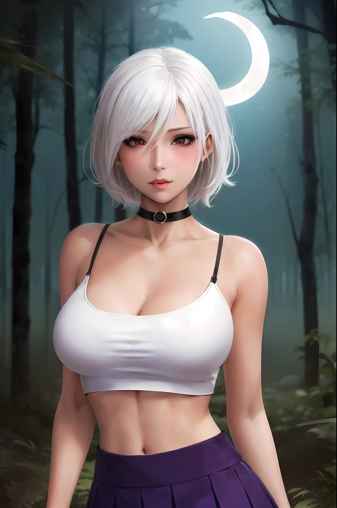 anime girl with white hair and a choker posing in a forest, tifa lockhart with white hair, girl with short white hair, smooth anime cg art, photorealistic anime girl render, perfect white haired girl, seductive anime girl, realistic anime 3 d style, 3 d anime realistic, girl with white hair, realistic young anime girl, anime realism style, 2b