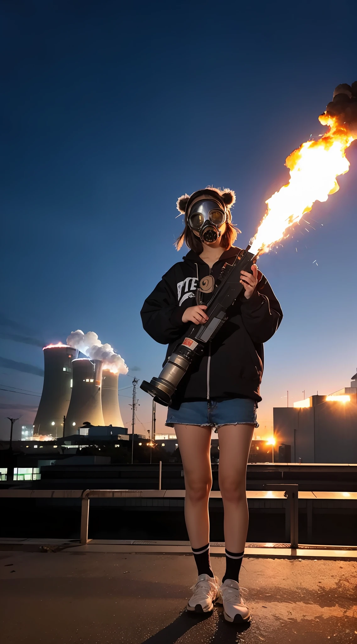 Riot, nuclear power plant on background, terrorist group, fluorescent headgear, short hair, blue hair, firing from flamethrower, middle school girl, 14 years old, gas mask, high socks, rooftop at night, city on the background is burning