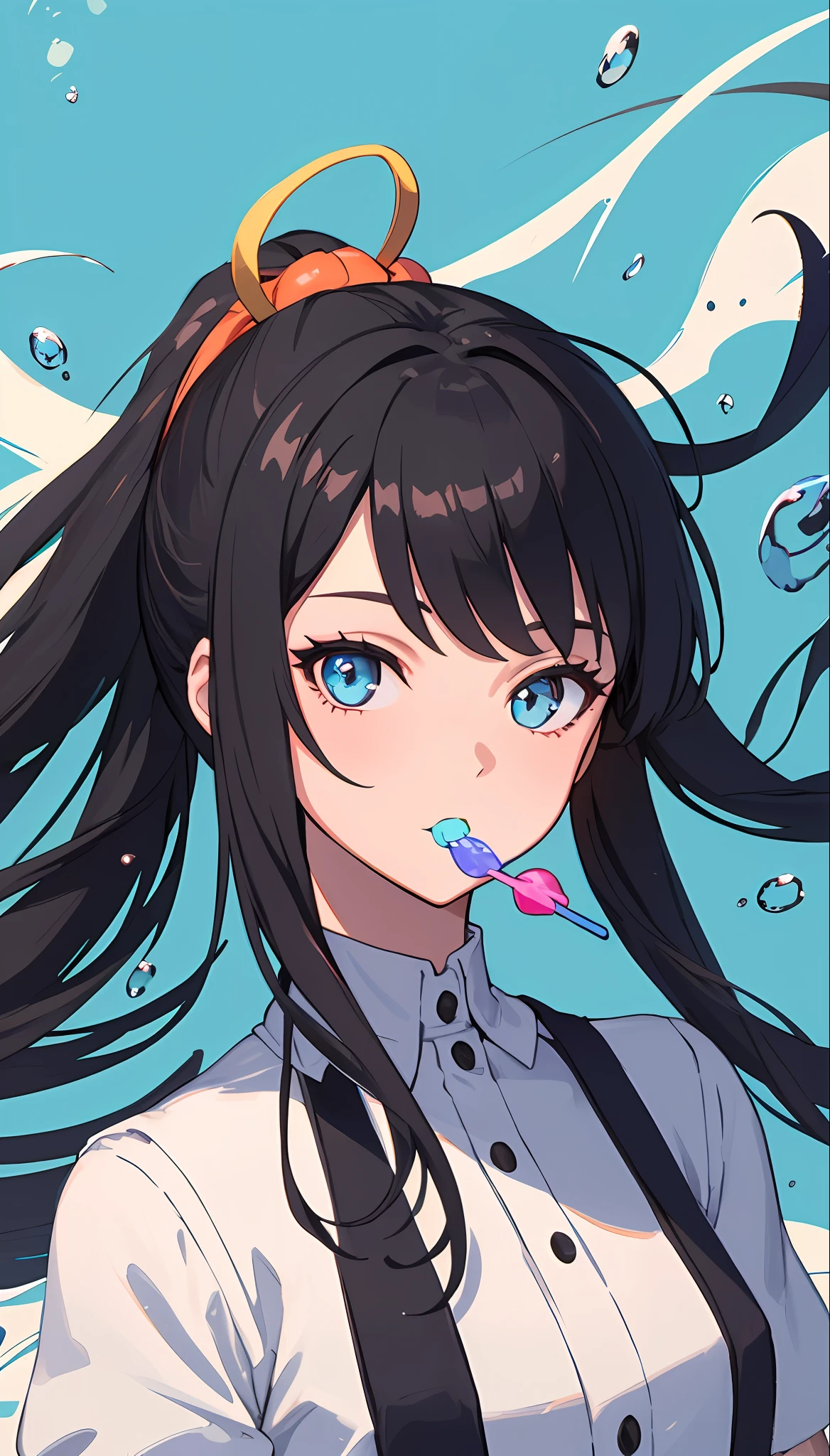 (masterpiece), (best quality), (ultra detailed),(disheed hair),(illustration), (1girl), (Fashionable clothing), standing, Fashion model, looking at viewer, (interview), (simple background), beautiful and delicate eyes, delicate beauty, floating, (high saturation), (colorful splash), colorful bubbles, (shine), focus on face, ponytail, black hair, bangs, hair circle, floating flowers, flowing hair, (shiny), best lighting, best shadow, with a lollipop in your mouth