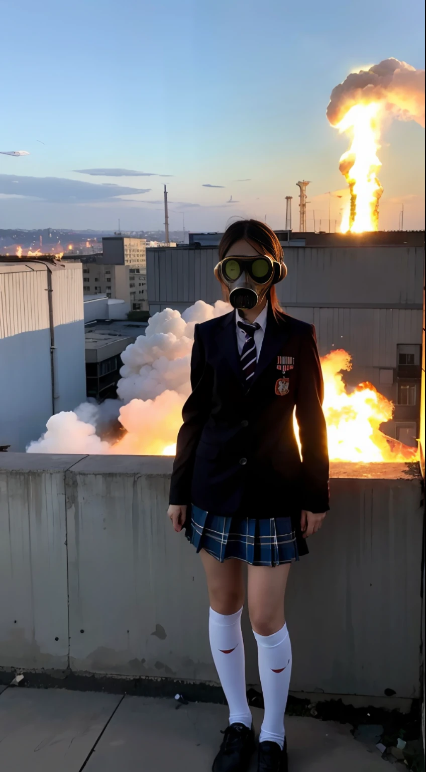 Middle school uniform, nuclear power plant, terrorist group on background, fluorescent headgear, short hair, green hair, setting fire from flamethrower, middle school student, 14 years old, gas mask, high socks, rooftop at night, city on the background is burning