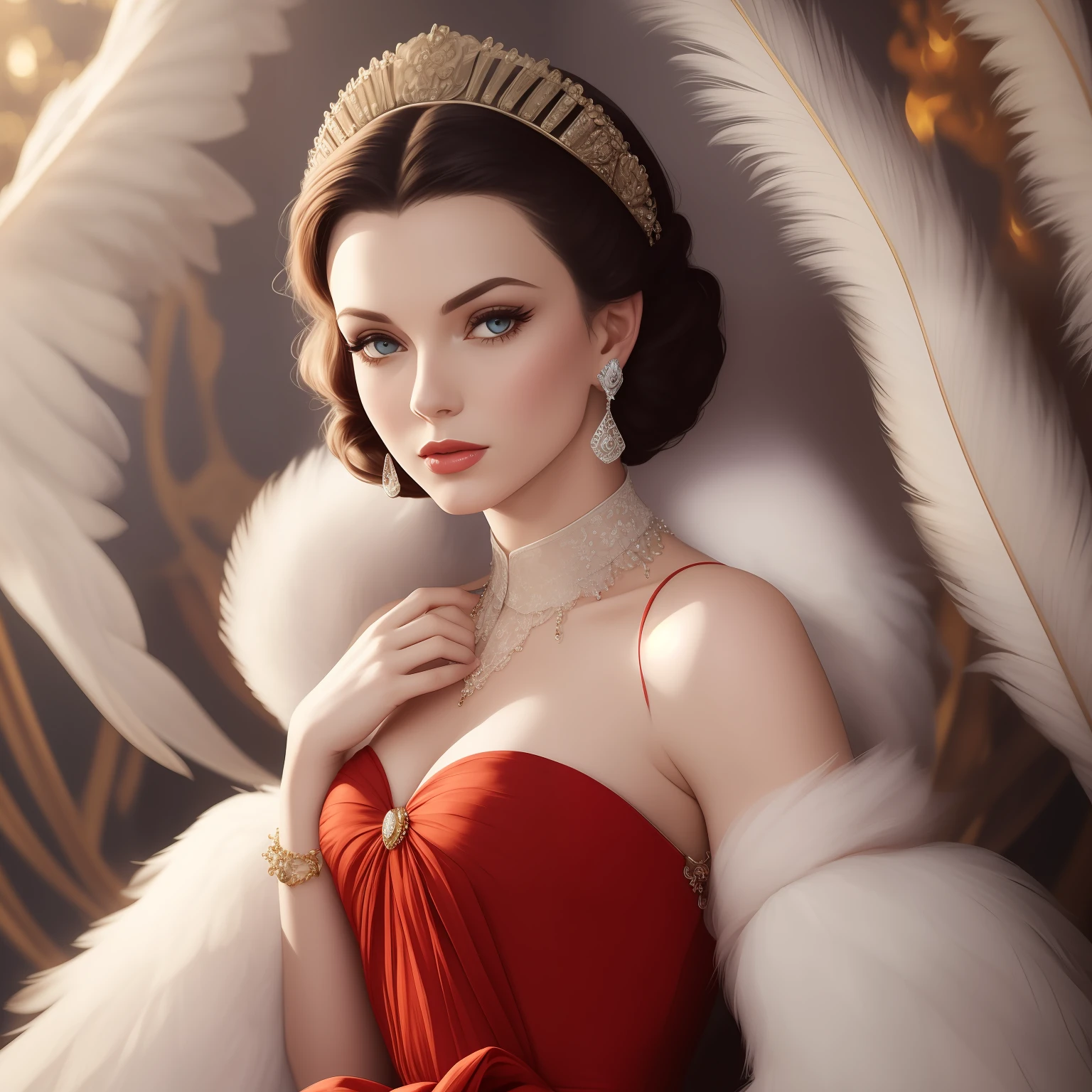 A captivating portrait of the enchanting Vivian Leigh, played by Grace Kelly, as the fiery, charismatic character in the classic musical. Her fiery eyes and elegant attire stand out against the striking white feathers of her dress, evoking a sense of romance and romance's power. Her gentle, wise manner and enchanting voice convey the essence of her character. standard lens, natural light, vibrant colors