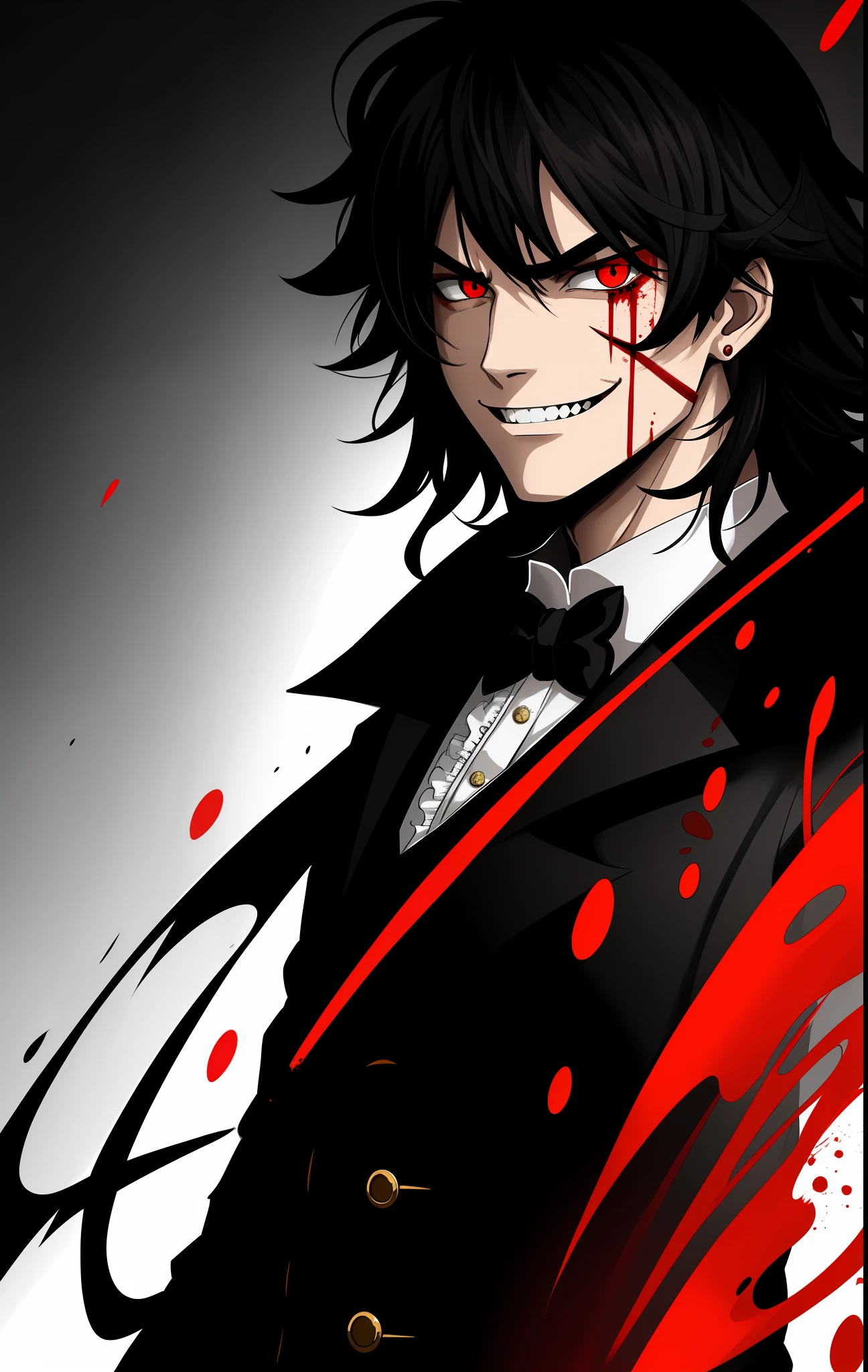 Tall young man holding scissors, evil aura, evil smile, evil look, murderer, serial killer, noble Victorian era outfit, blood skin face, horrifying smile, messy hair, crazy