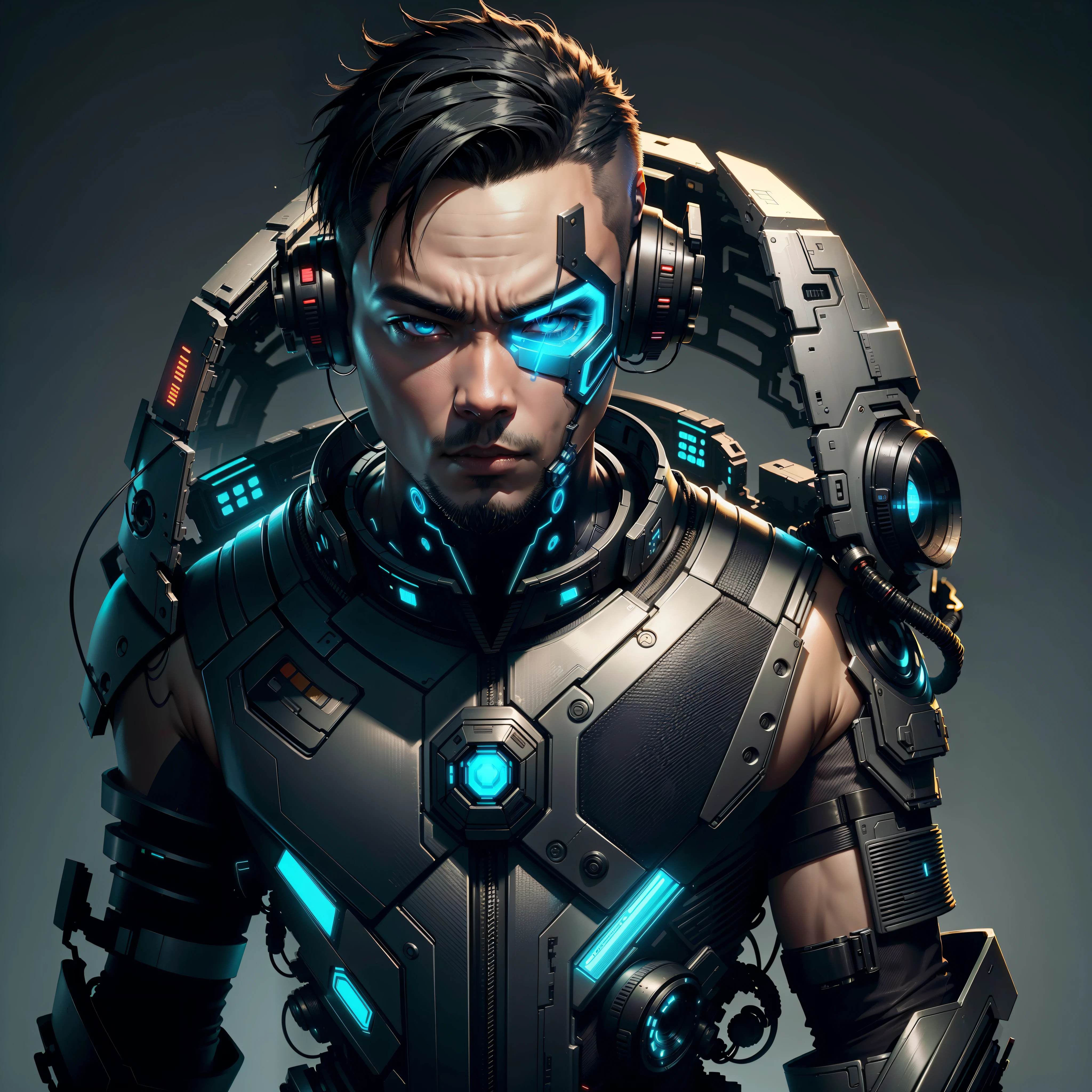 Create an Asian man cyberpunk style, futuristic background, short hair, futuristic cyber suit, (best quality), ((1:1 resolution), (face centered in the center of the image), avatar photo only, (head + shoulders), 8k resolution, highly realistic.