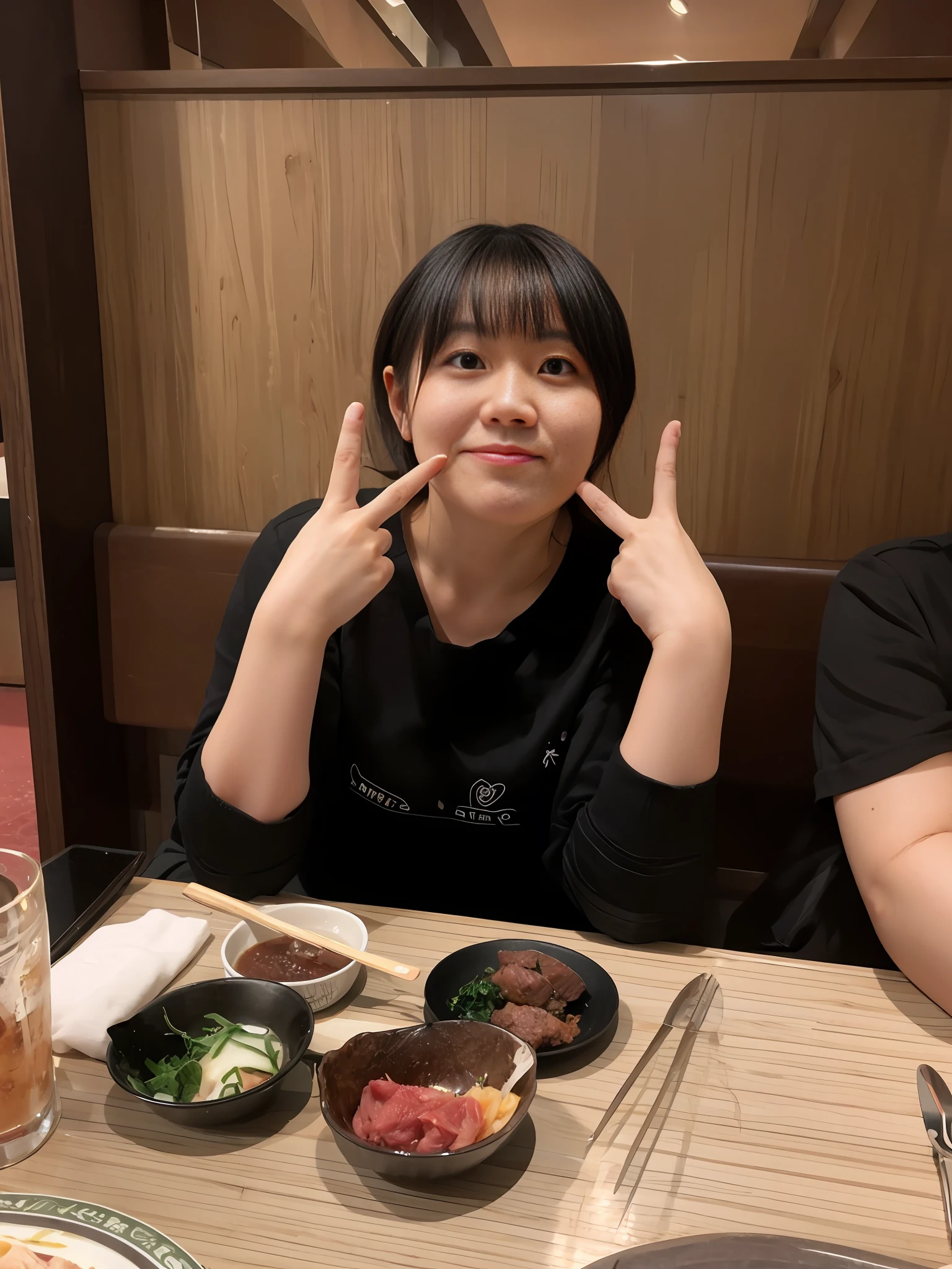 Woman sitting at table holding a plate of food, Chiho, index finger, Harumi, Kemono, Yoshitomo Nara, 8K!, 30 year old woman, 3 0 year old woman, Shikamimi, Tachibana Omina, ready to eat, white tank top, big breasts