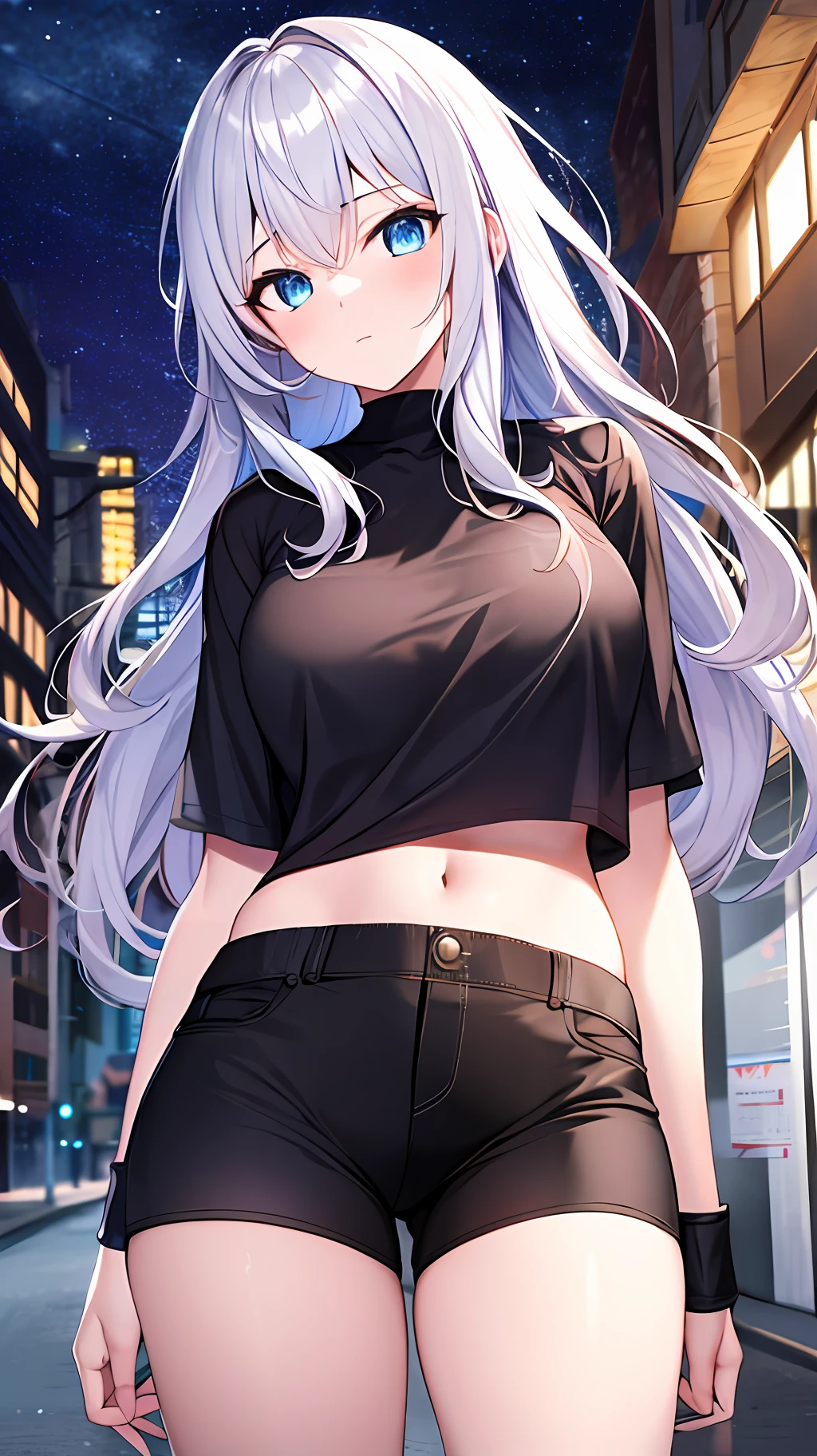 Best quality, highres 5, masterpiece, 1girl, white long hair, blue eyes, perfect body, black shirt, black shorts, street at night, 3shooting stars,