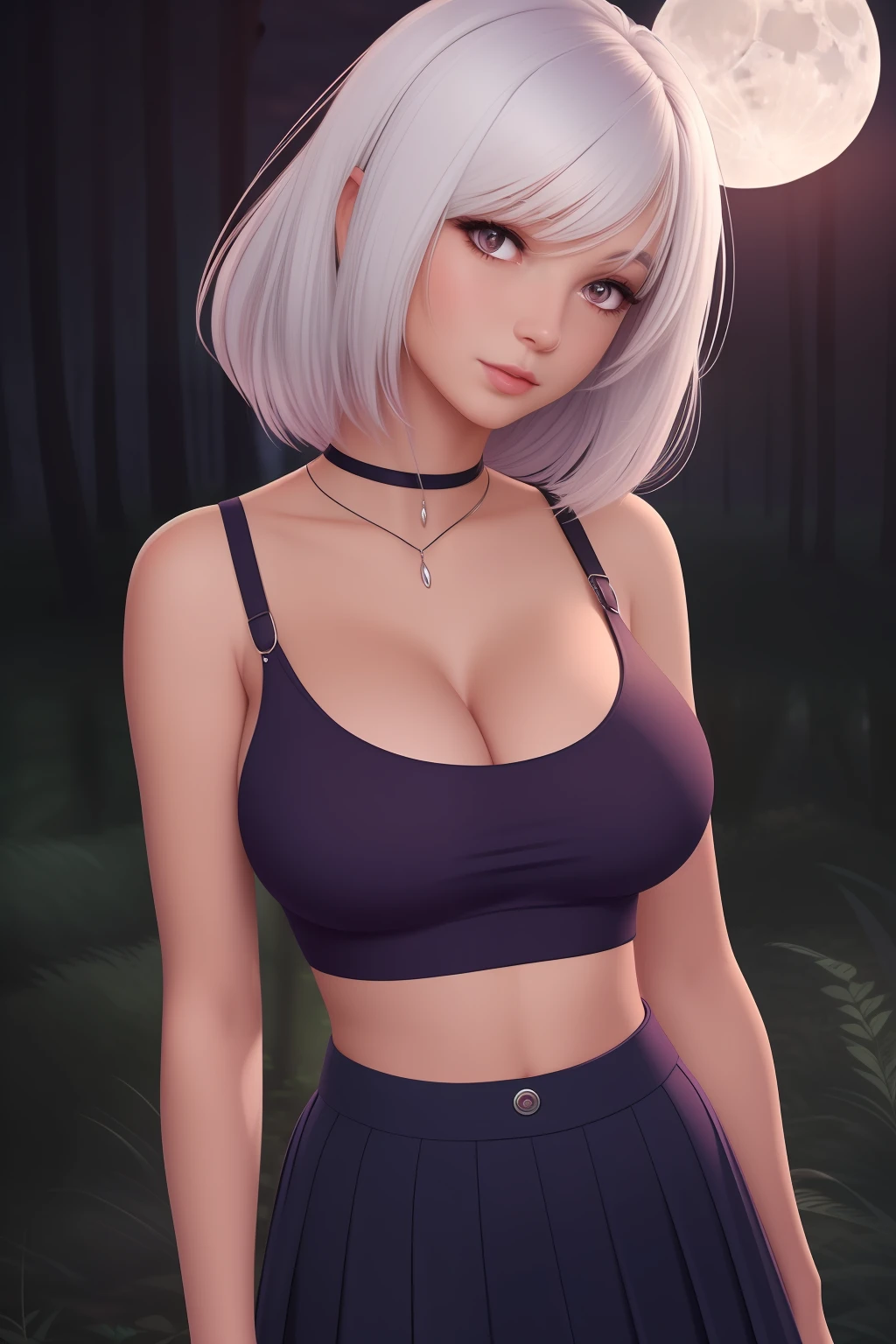 realistic, 1girl, white hair, purple eyes, glowing eyes, crop top, skirt, parted lips, blush, night, dark forest, moon, moonlight, neckline , big breast, --auto