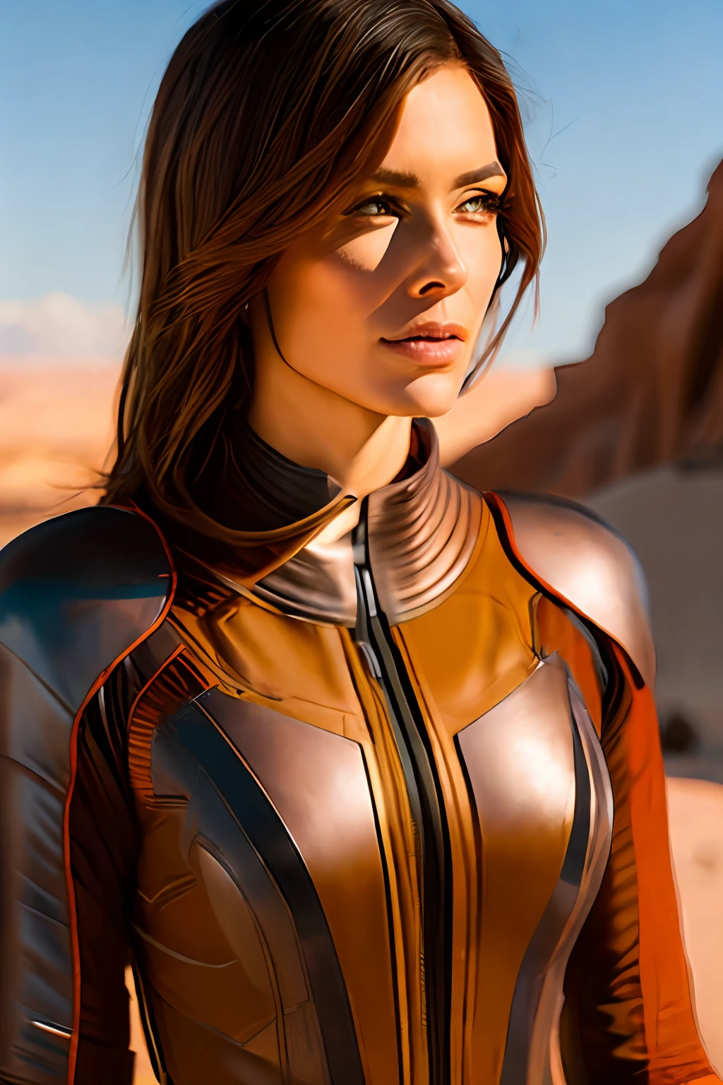 a woman in a brown outfit standing in front of a desert, jaina solo, female jedi, biblical female android, sci-fi female, blunt bob haircut; short haircuts; french haircuts; Blunt Chin Length Bob; bob haircut for round face; short bob hair styles; short haircuts for women; short curly haircuts, avatar image, gordon freeman as a woman, of a futuristic woman selk'nam, rey, artgerm and craig mullins, sci fi female character, mara jade, craig mullins and artgerm, mcquarrie, headshot of a 30 years old woman, wearing a brown colored wetsuit, (by Alyssa Monks:1.1), by Joseph Lorusso, by Lilia Alvarado, beautiful lighting, sharp focus, 8k, high res, (pores:0.1), (sweaty:0.8), Masterpiece, Nikon Z9, Award - winning photograph, (perfectly round iris:1.3)