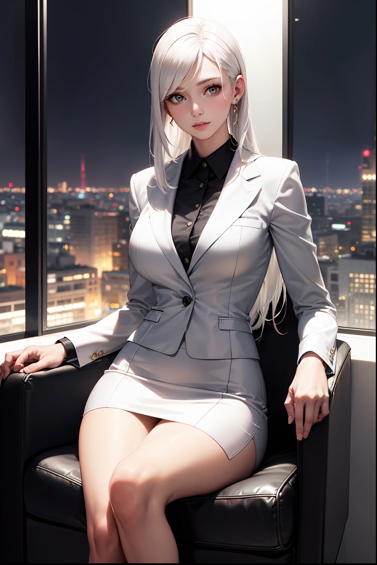 (masterpiece:1.3), (8k, photorealistic, RAW photo, best quality: 1.4), (1girl), beautiful face, (realistic face), Nice hairstyle,Realistic Eyes,Nice detail eyes,(Realistic Skin),Beautiful Skin,Ridiculous,attractive,Ultra high Resolution,an ultra realistic,RAWExtremely detailed,golden proportions,全身写真, Woman wearing business outfit, formal blazer, white blouse, high waist business skirt, beautiful, masterpiece, best quality, perfect lighting, (white hair:1.4), long hair, (grey eyes:1.2), slender build, thin, medium breasts, business woman, ceo, sitting in luxurious black leather office chair, giant modern window with view of nighttime city skyline in background, close up, night