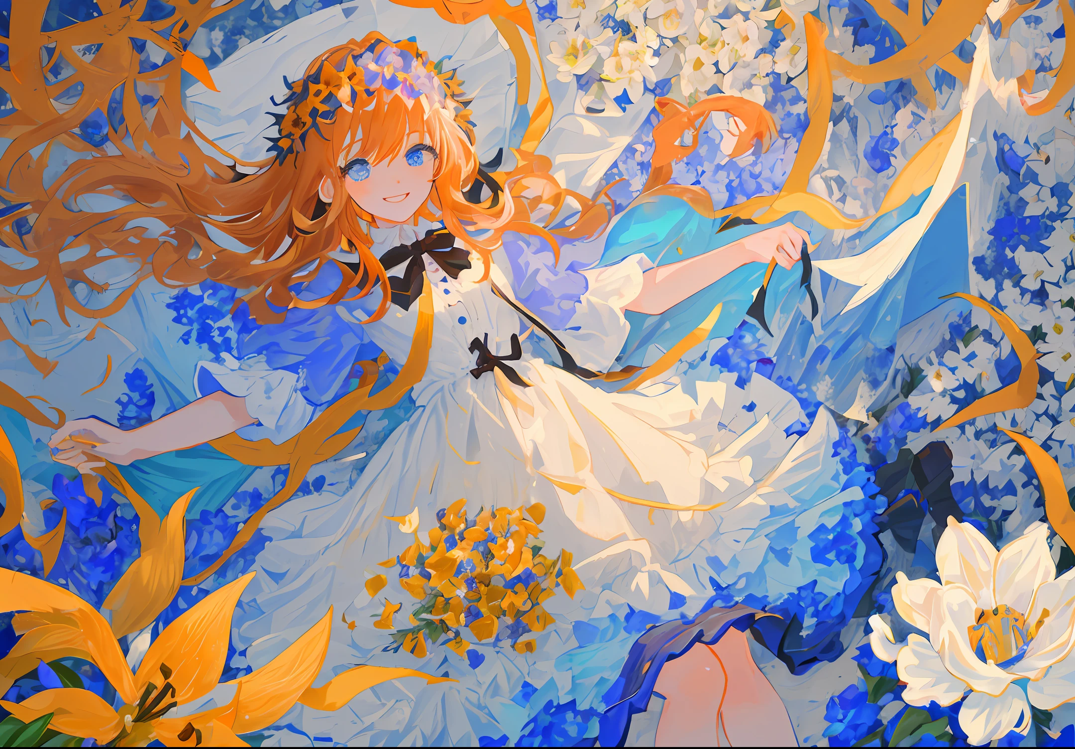 ((masterpiece)), ((best quality)), (ultra-detailed), ((extremely detailed)), 4K, (8K), best quality, (beautiful), look down from above, a cute girl, 1girl, solo, dress, beautiful orange hair, beautiful blue eyes, ((beautiful eyes)), ribon, ((light smile)),((beautiful flower gardens)),((girl surrounded by flowers)),shot from below,bloom light effect