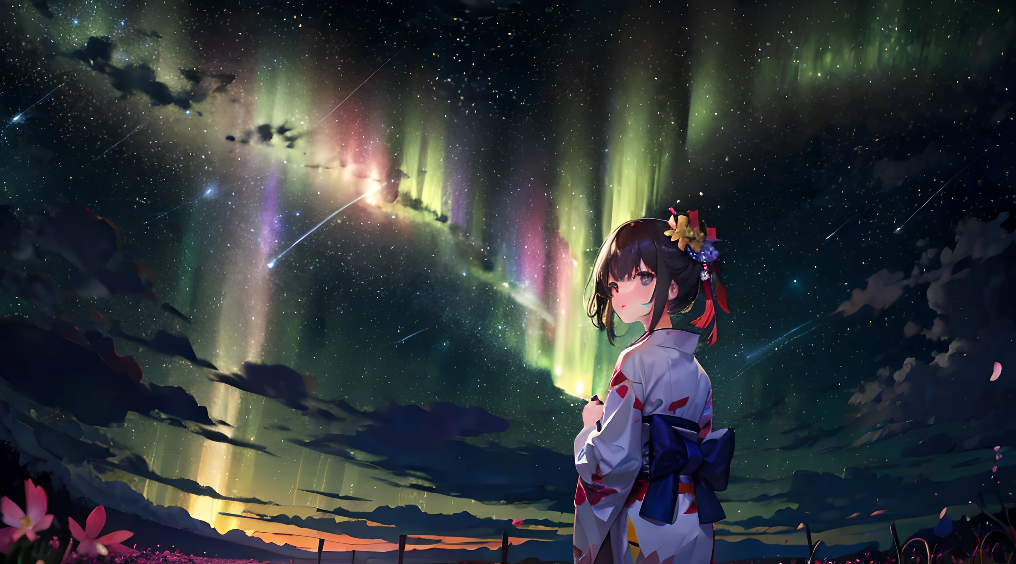 1girl, a distant girl in a kimono staring at the stars, (zoomed out: 1.1), (meteor shower: 1.2), (comet: 1.1), your name, low angle, from behind, northern lights, shooting stars, yukata, red kimono, cherry blossoms, Standing in the field, best quality, masterpiece, cloud, colorful, starry, stars,