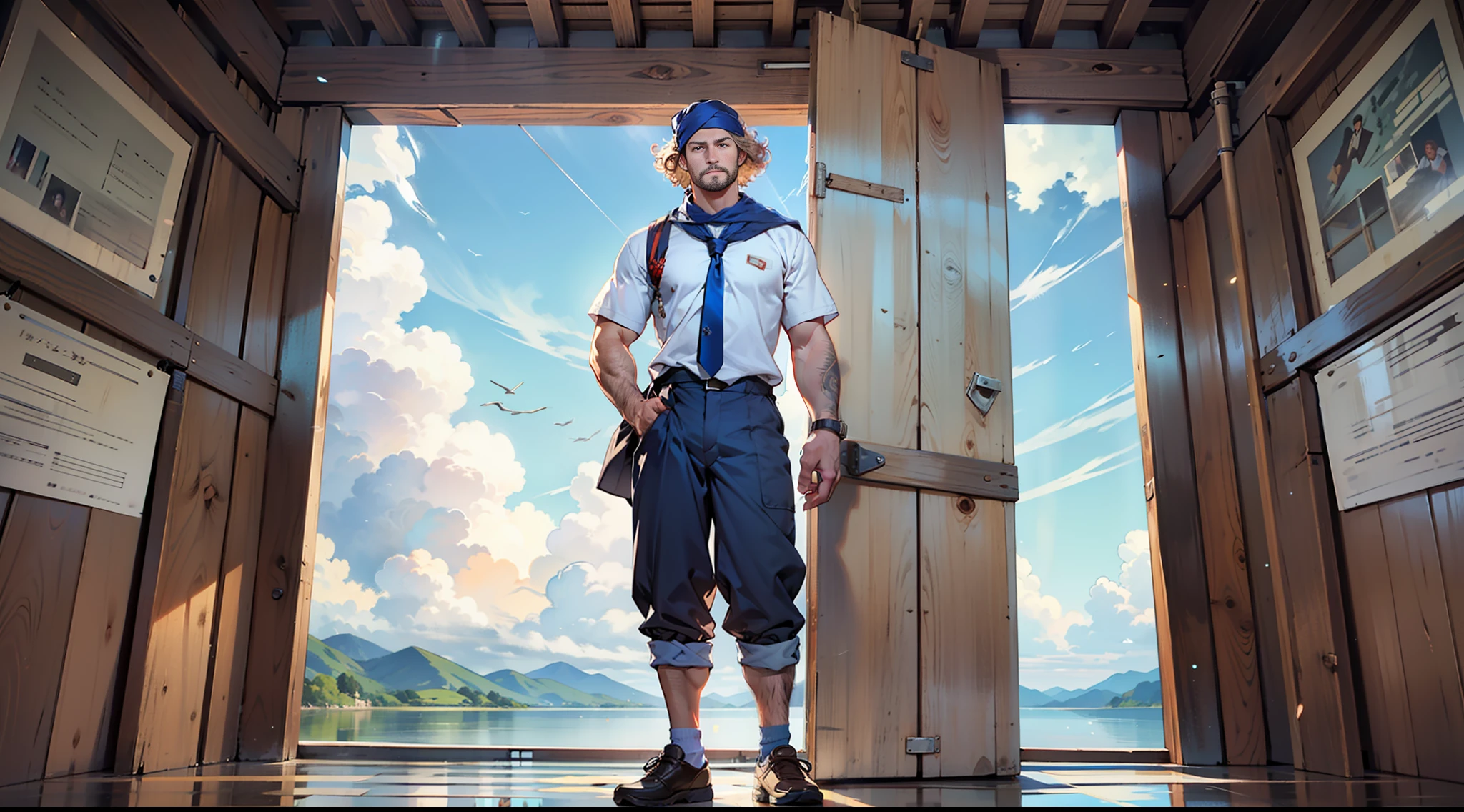 Middle-aged male sailor, curly hair, bandana, blue long pants, white necktie, shorts, boat shoes,19th century clothing style,(Standing posture:1.5),(full body:1.6)