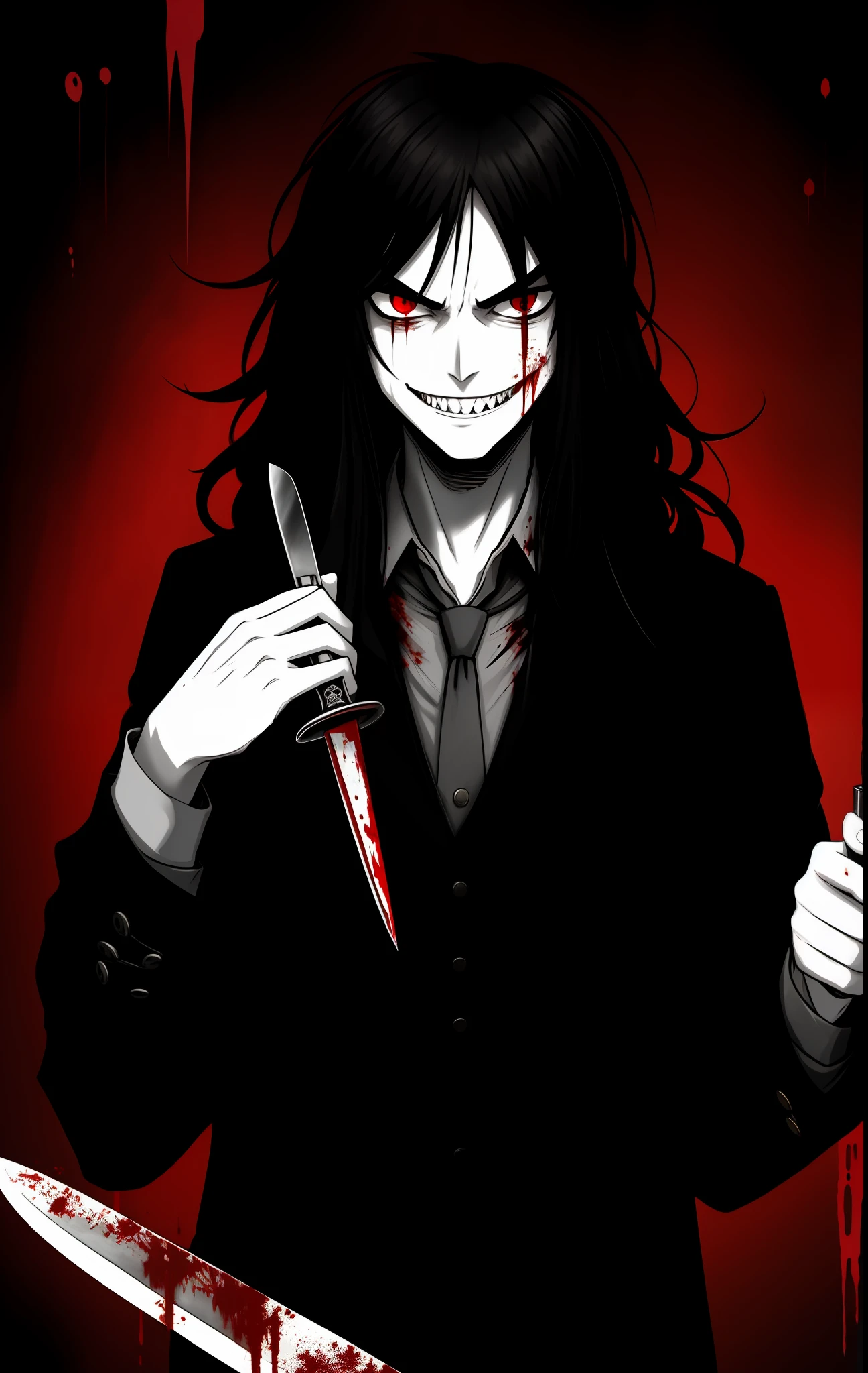 Tall young man holding a knife, evil aura, evil smile, evil look, murderer, serial killer, noble Victorian era outfit, blood skin face, horrifying smile, messy hair, crazy, mouth of Jeff the killer