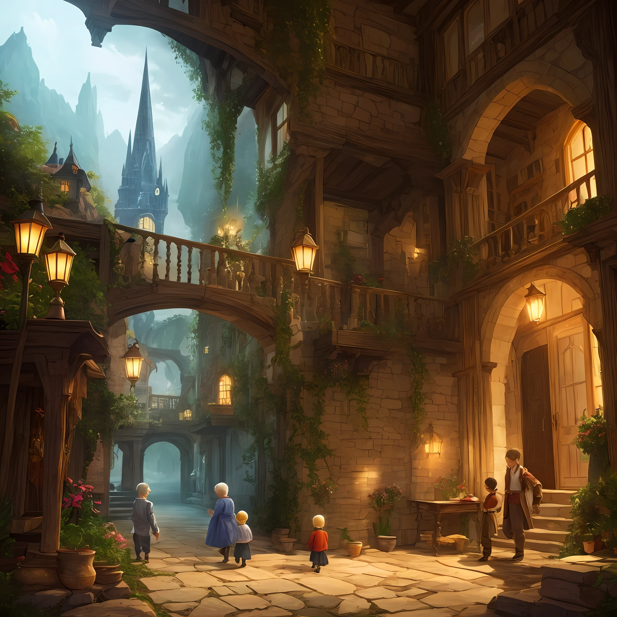 Only 1 boy and 1 elderly person featured in the image. Put in a lot of magic and fantasy. Children's story