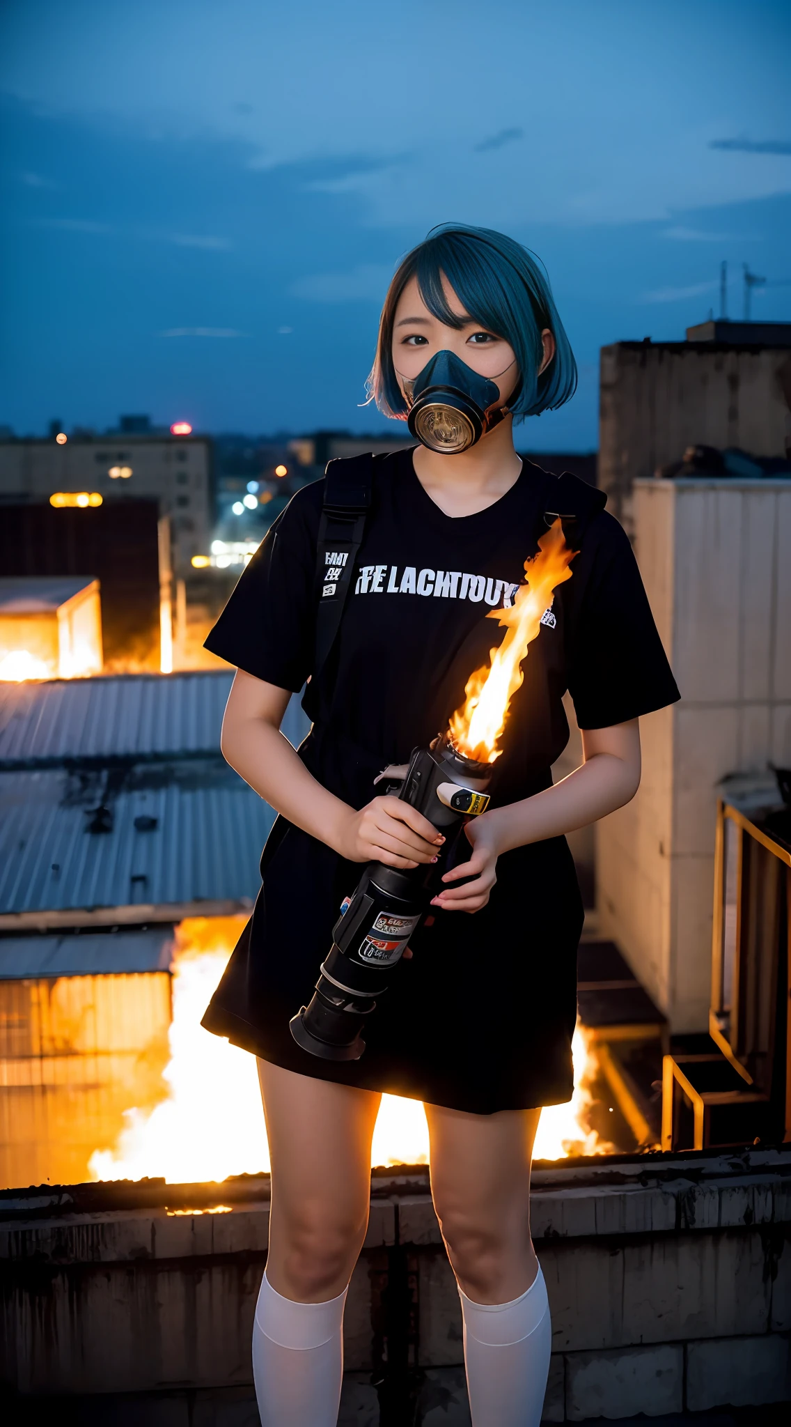 Riot, nuclear power plant on background, terrorist group, fluorescent headgear, short hair, blue hair, firing from flamethrower, middle school girl, 14 years old, gas mask, high socks, rooftop at night, city on the background is burning