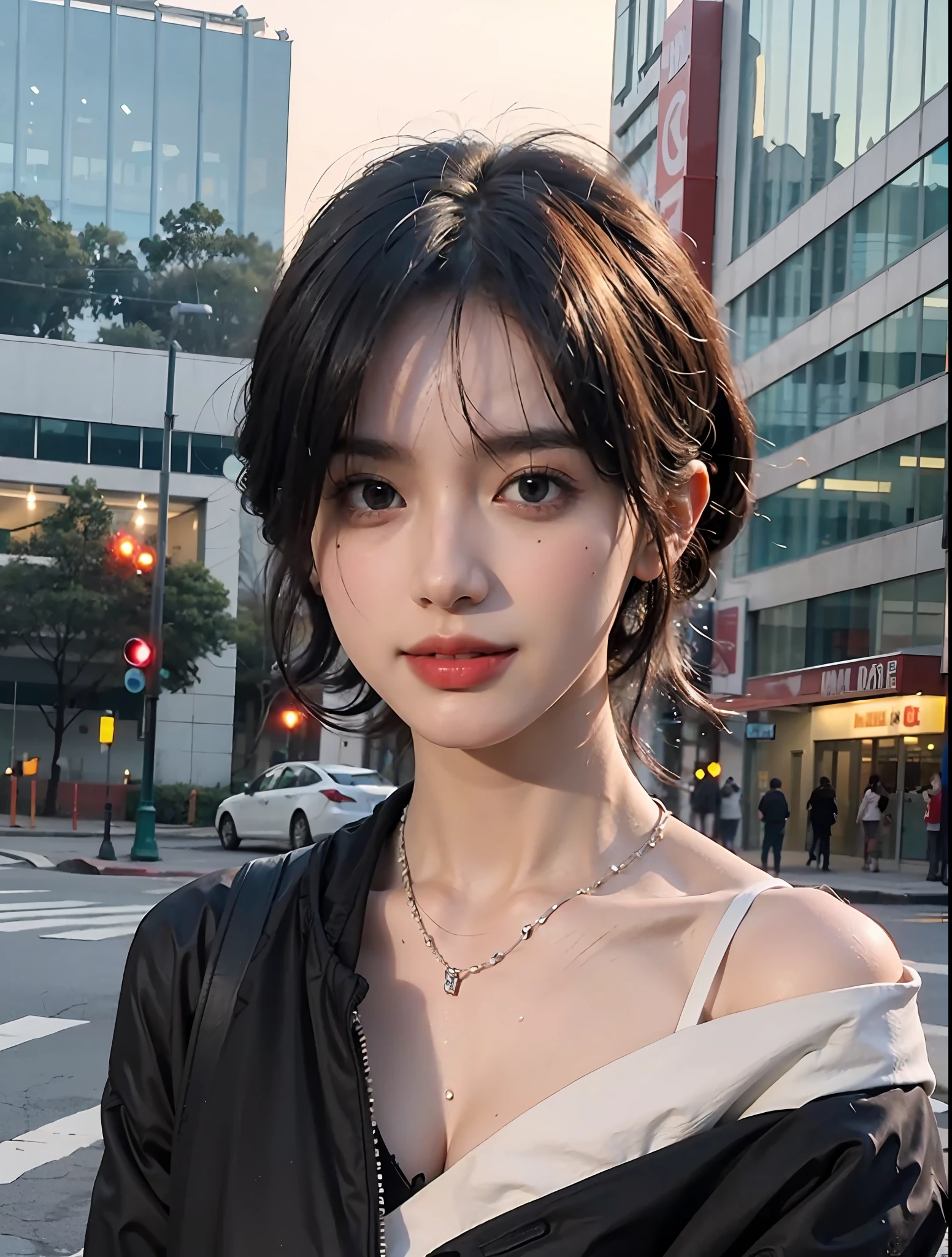 Random posture, mix4,(8k, RAW photo, best quality, masterpiece:1.2), (realistic, photo-realistic:1.37),1girl,cute,cityscape, night, rain, wet, professional lighting, photon mapping, radiosity, physically-based rendering,, gradient black colour hair,, White hair, short curly hair, handsome, girl, white ball suit, top quality picture, high resolution, 1080p, (clear face), (detailed facial description), (detailed hand description), (masterpiece), (exquisite CG), extreme light and shadow, messy hair, master's work, rich details, (fine facial features), (highest quality picture), (masterpiece), (detailed eyes),Look ahead with your eyes,Fine collarbone