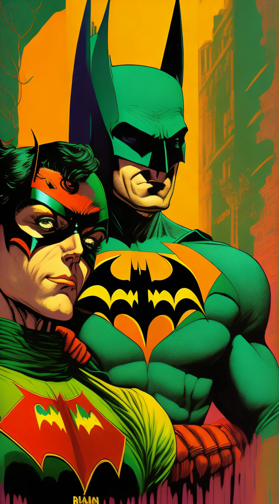 "Pop art-style comic featuring Batman and Robin, with vibrant colors and gigantic scale, capturing 1960s aesthetics and dignified poses, inspired by the works of Jim Burns, Damien Hirst and Two Dimensional."