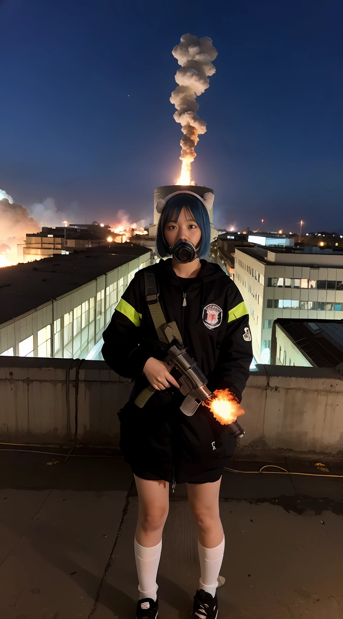 Riot, nuclear power plant on background, terrorist group, fluorescent headgear, short hair, blue hair, firing from flamethrower, middle school girl, ************, gas mask, high socks, rooftop at night, city on the background is burning